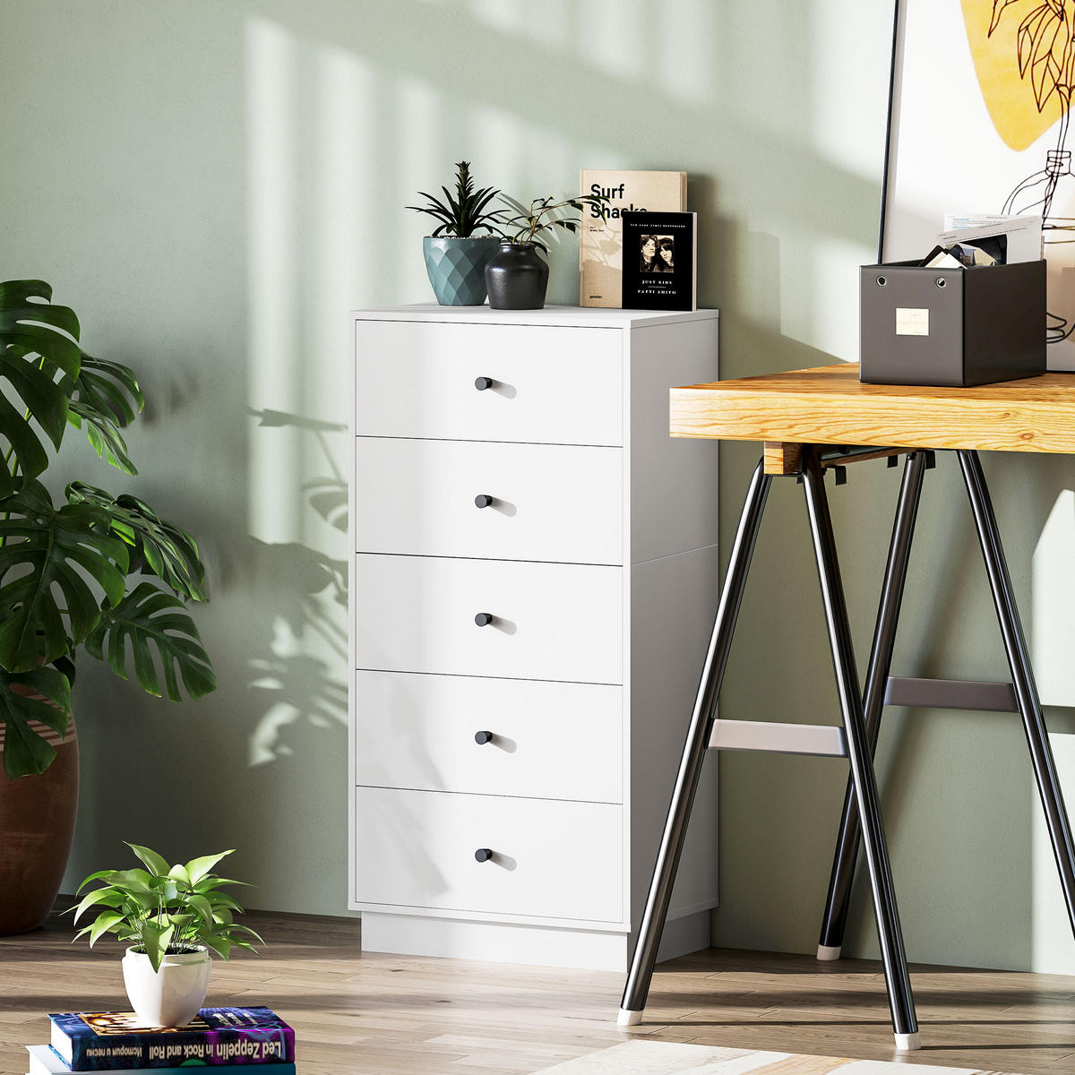 KOMMODE Sideboard mit 5 Schubladen Schrank aus Holzwerkstoff 47 x 29 x 95 cm Weiß - Weiß, Holzwerkstoff (47/95/29cm) - HOMCOM