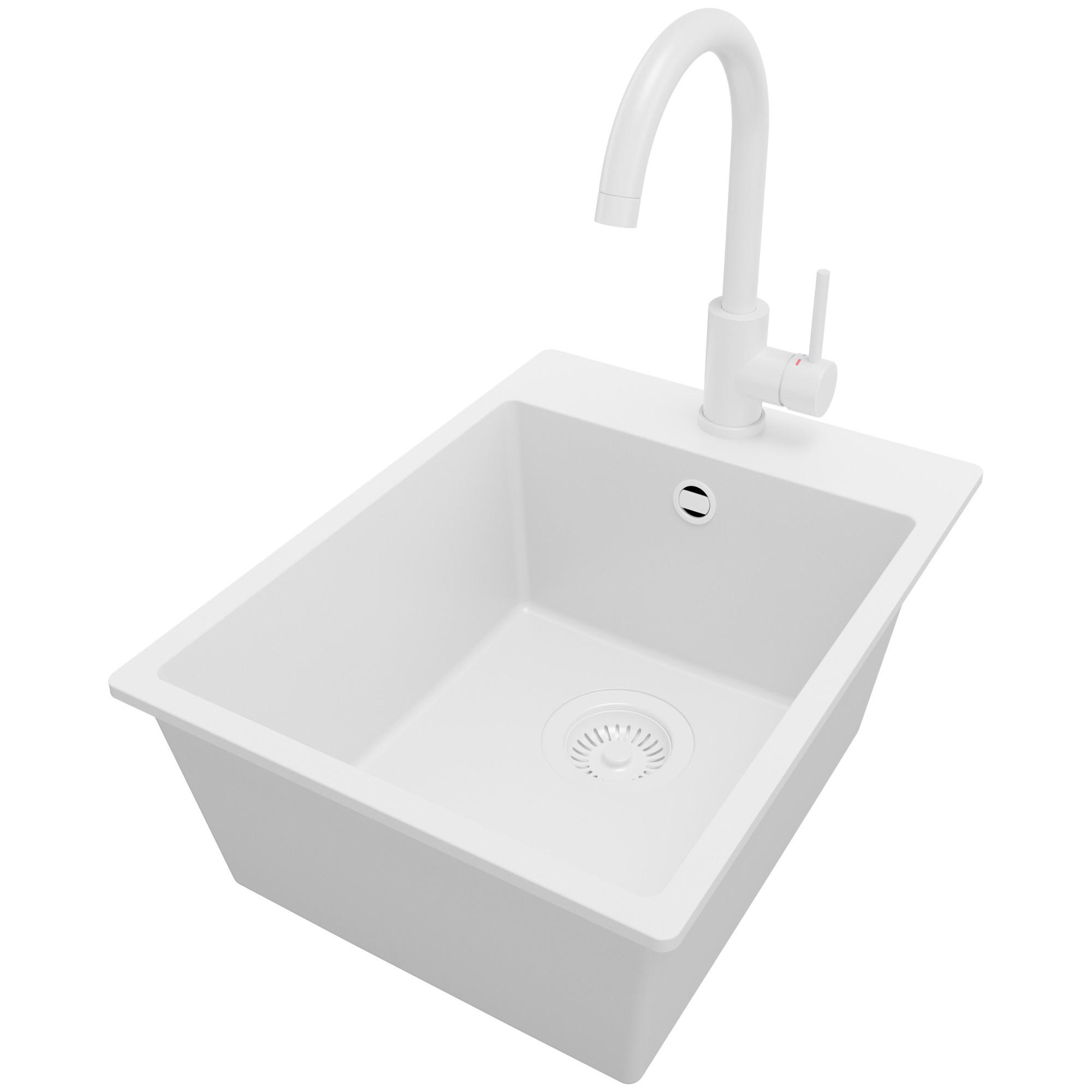 GRANITSPÜLE Riga, 2-er set Alles Weiß 38/50 cm 1 Becken + Küchenarmatur 32/20 cm + Ablauf-Set ab 40er Unterschrank - Weiß, Kunststoff (38/20/50cm) - Primagran