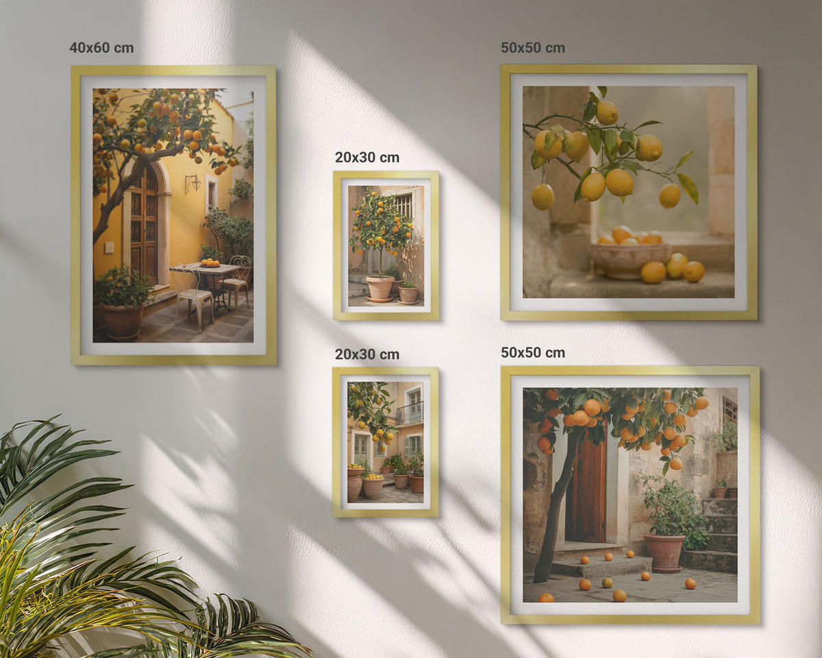 WANDBILDER 5er Set - 50x50 cm & 20x30 cm & 40x60 cm Goldrahmen - Terrasse mit Zitrusbäumen - Goldfarben, Kunststoff (40/60cm) - ArtPrintCave