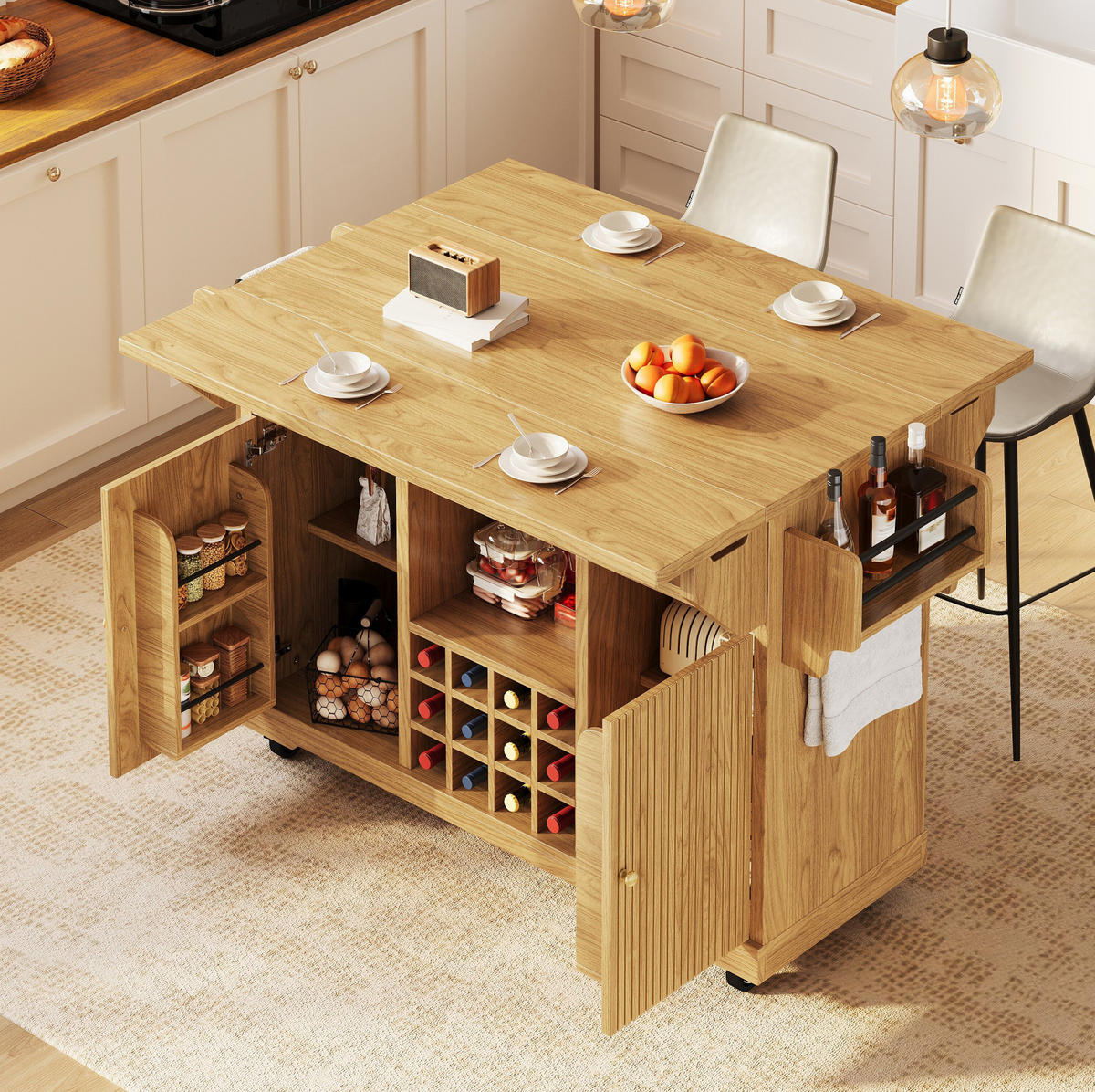 SERVIERWAGEN mit ausklappbaren Tischenden und Stauraum 142,5 cm Natural Wood - Naturfarben, Holz (80/95/142.5cm) - Beauniv