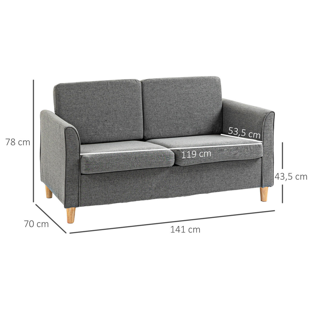 SOFA Zweisitzer Couch Doppelsofamit Kissen Leinen Grau - Hellgrau, Textil (70/78/141cm) - HOMCOM