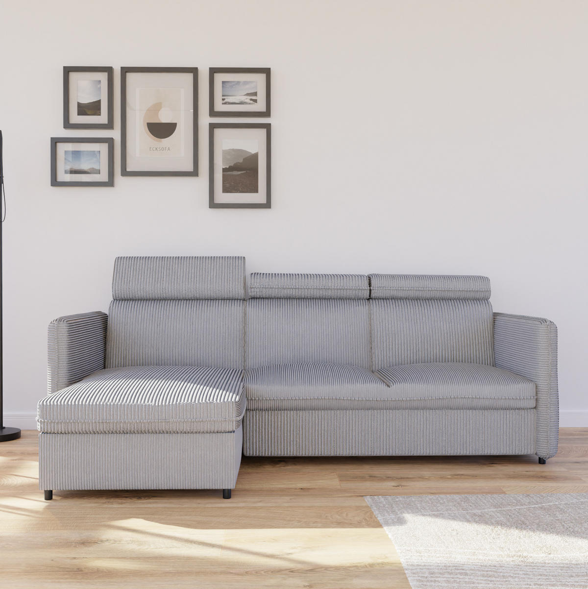 ECKSOFA mit Schlaffunktion und Bettkasten, Hellgrau - Grau, Holzwerkstoff/Textil (220/140cm) - Idohome