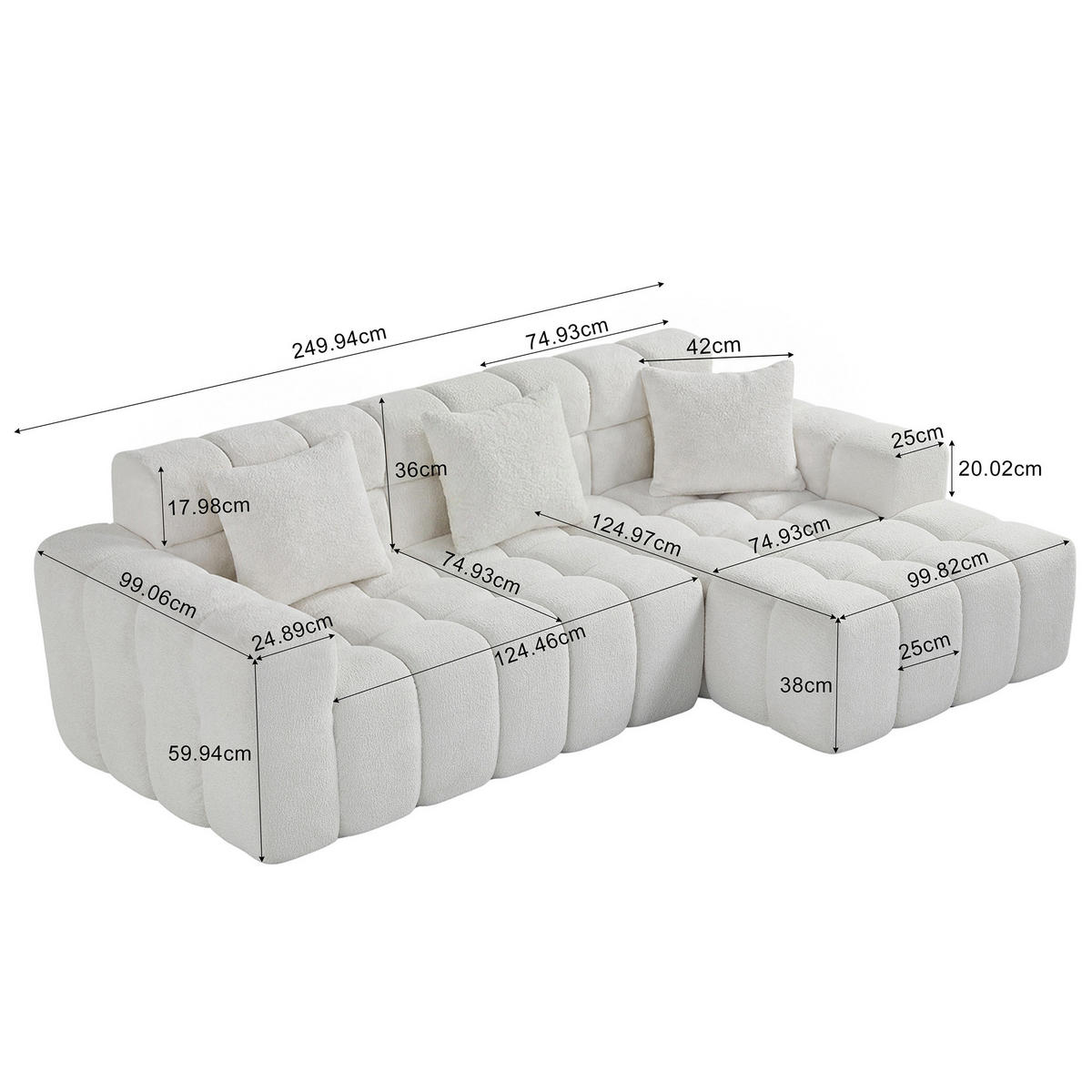 ECKSOFA 249,94/99,82/59,94 cm weiß aus Samt mit flexiblen Modulen und Vakuumverpackung - Weiß, Textil (249.94/99.82cm) - OKWISH