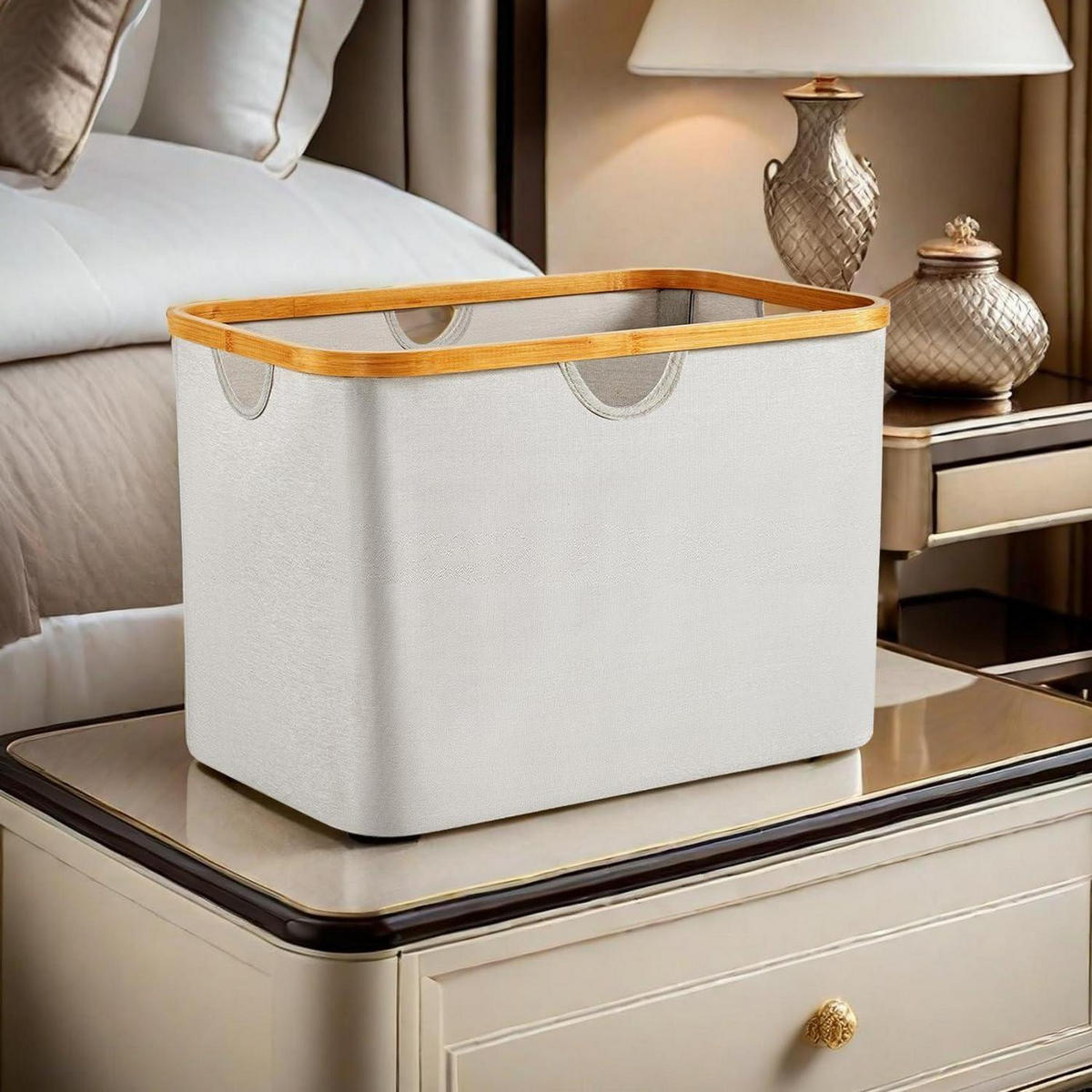 WÄSCHEKORB 68L Beige Stoff Bambus Faltbar mit Henkel - Beige, Naturmaterialien (34/37/54cm)