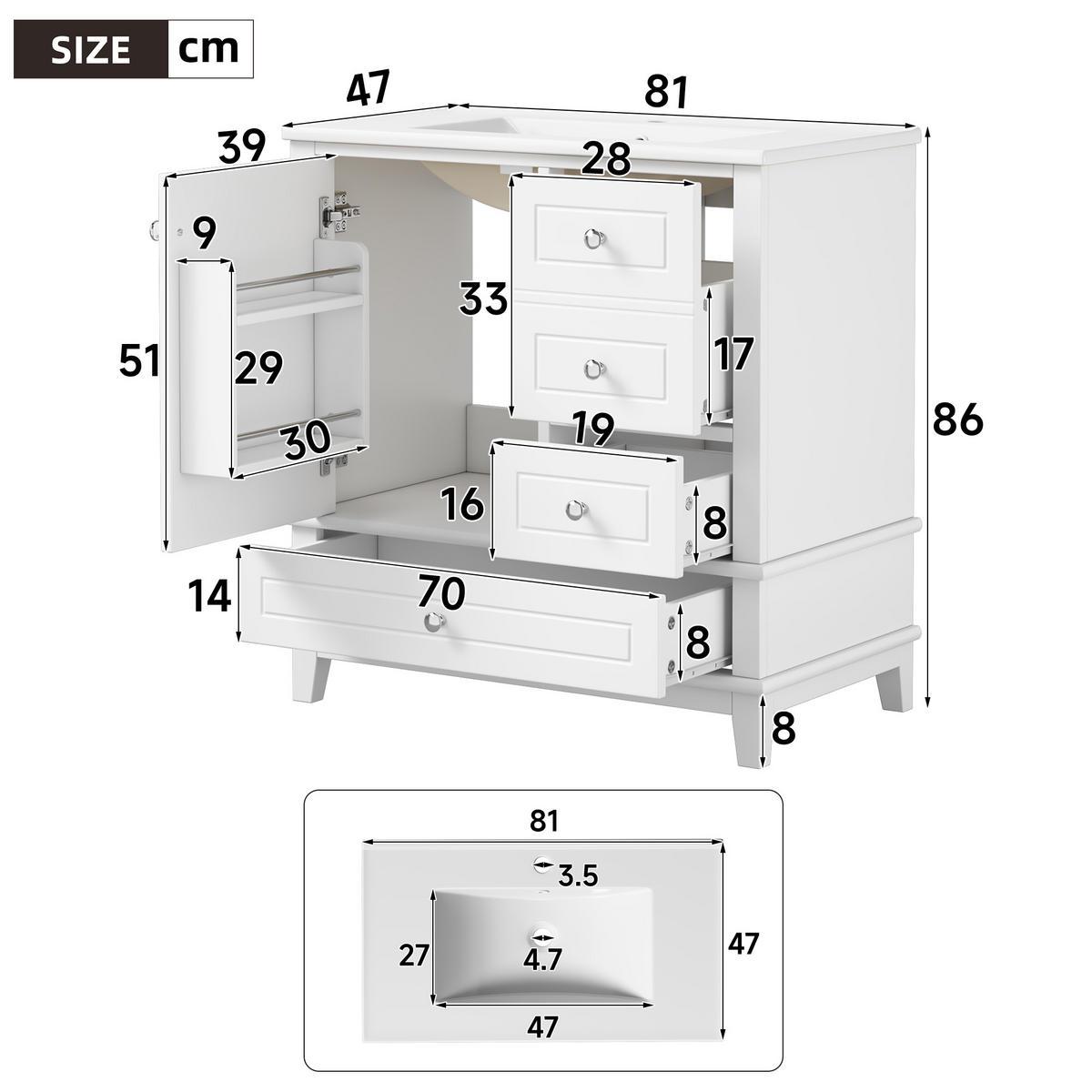 BADEZIMMERSCHRANK Weiß Lackiert 3 Schubladen Tür Stauraum 81cm - Weiß, Keramik (81/86/47cm) - FLIEKS