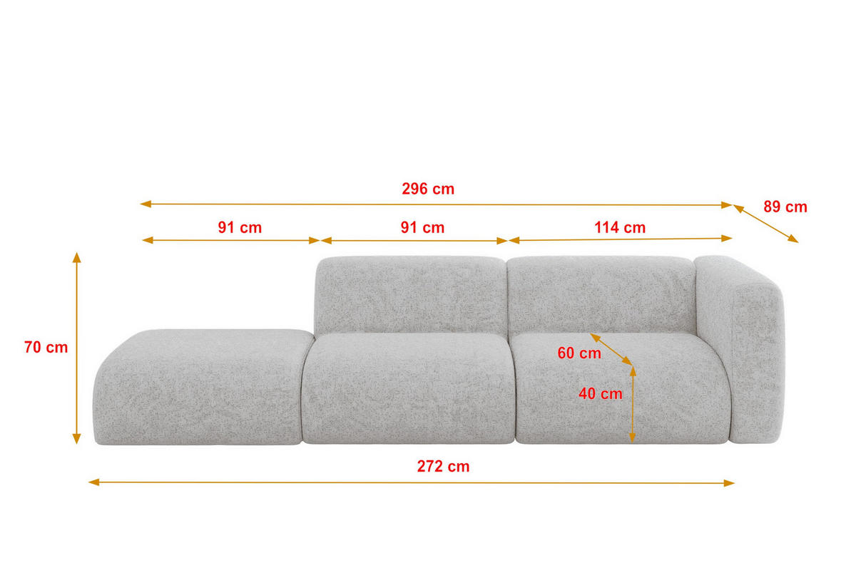 SOFA Ottomane Rechts MIRA-S3 296x89x70 Grau Velours - Schwarz/Grau, Holzwerkstoff/Kunststoff (296/70/89cm) - ALTDECOR