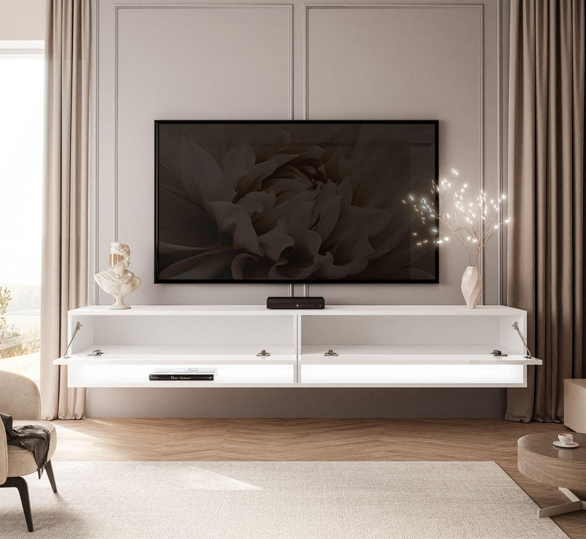 HÄNGESCHRANK TV-Möbel CALANTE 180 cm mit LED-Beleuchtung - Weiß Hochglanz, Holzwerkstoff (180/30/35cm) - Lookway