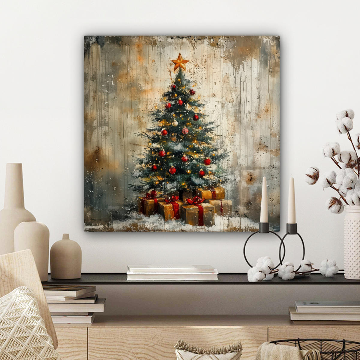 LEINWANDBILD Weihnachtsbaum - Vintage - Weihnachten - Geschenk Wandbild Wohnzimmer 50x50 cm - Rostfarben, Textil (50/50cm) - MuchoWow