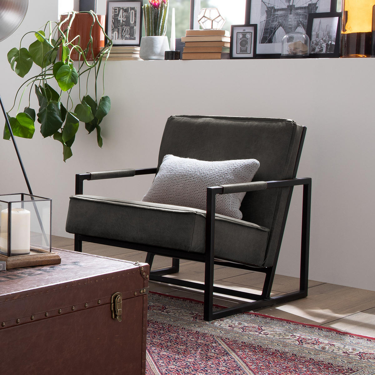 SESSEL - Antiklederlook - Grau, Textil (66/74/82cm) - home24