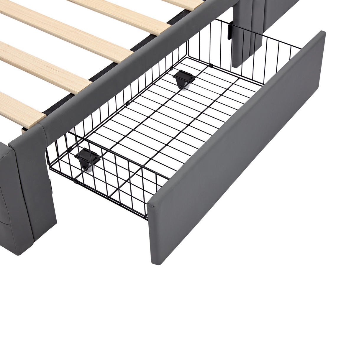 POLSTERBETT 90/190 cm mit USB-Anschluss, LED-Beleuchtung, 4 Schubladen und PU-Bezug, Grau - Grau, Kunststoff (90/190cm) - Redom