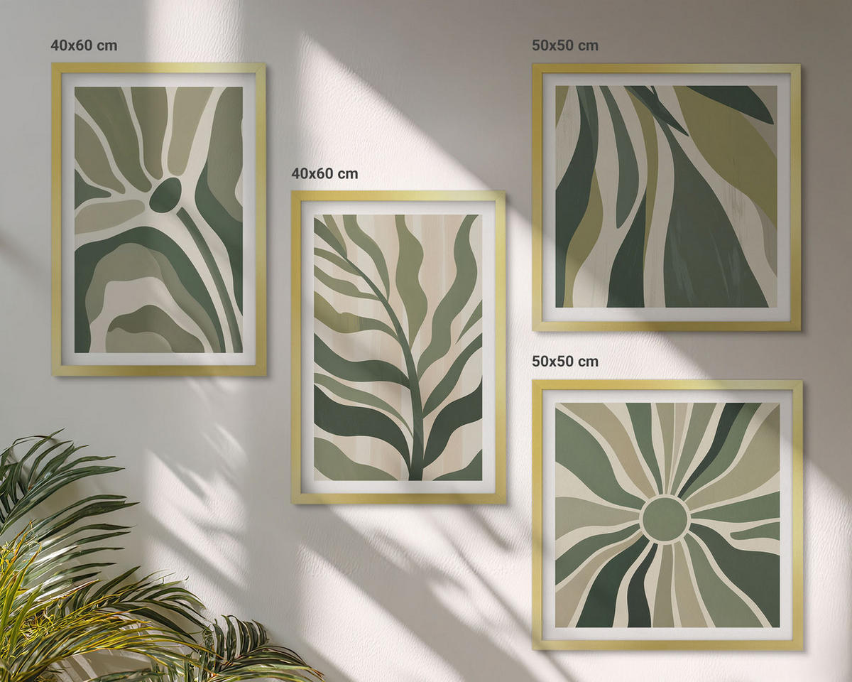 BILDER SET 4er Set - 50x50 cm & 40x60 cm Goldrahmen - Bemalte Blätter mit Grün - Goldfarben, Kunststoff (50/50cm) - TULUP