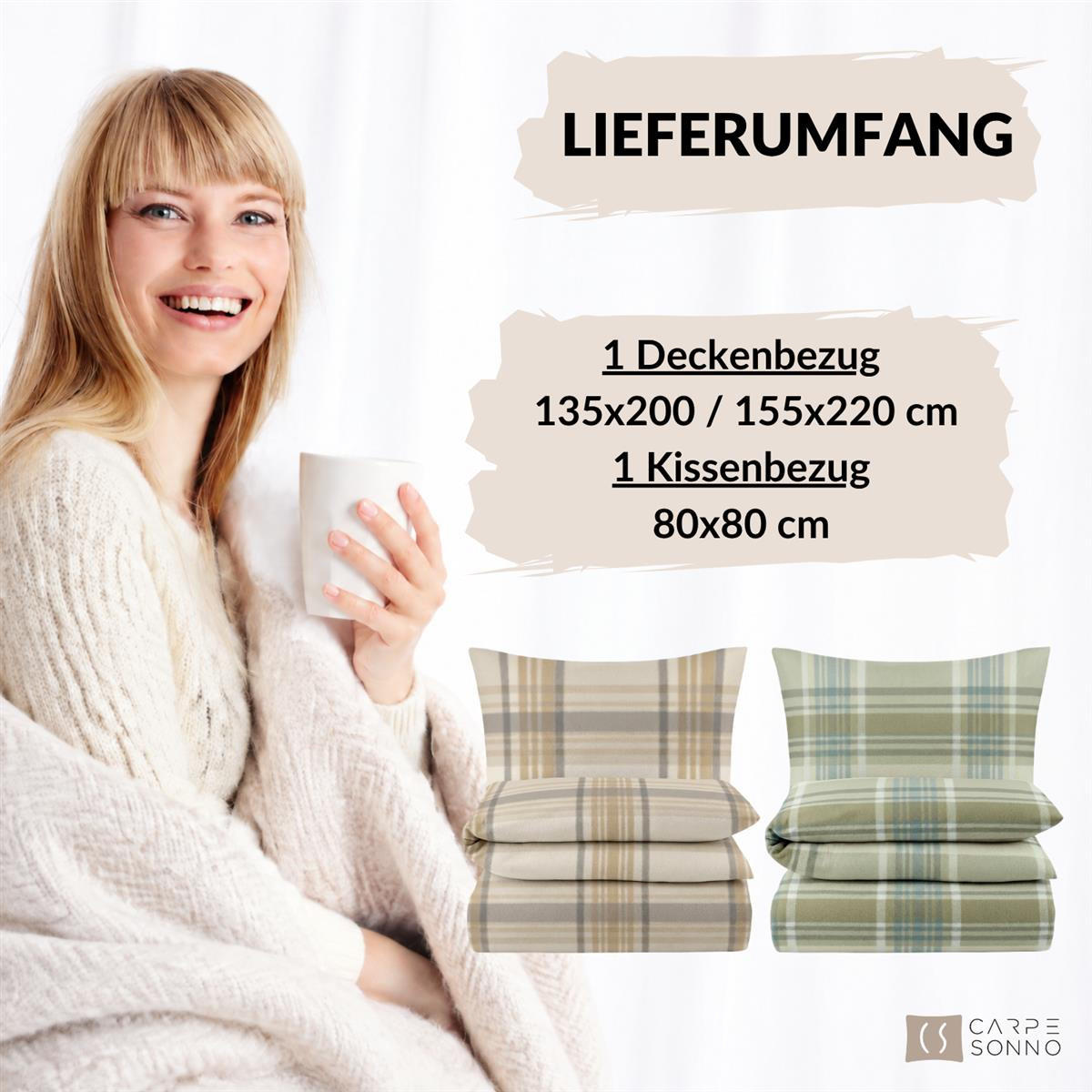 BIBER-BETTWÄSCHE 135x200 - Kuschelig warmer Flanell Bettbezug aus 100% Baumwolle für Herbst & Winter - Kariert Grün - Grün, Textil (135/200cm) - Carpe Sonno