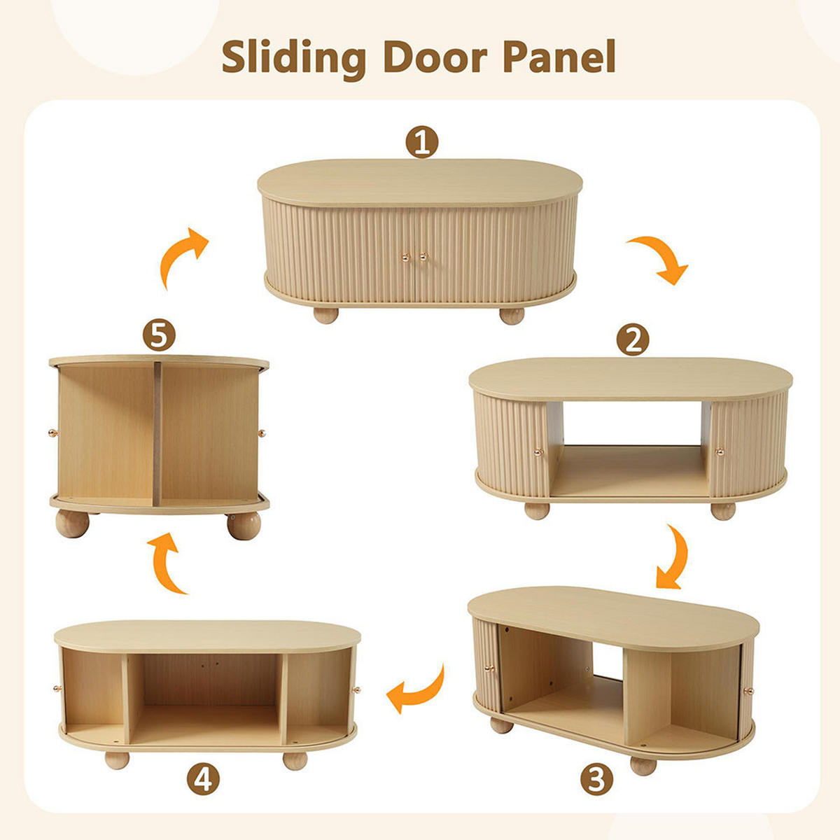 COUCHTISCH in Ovaler mit Schiebetüren, Holzfarben - Naturfarben, Holz (100/50/40cm) - KOMHTOM