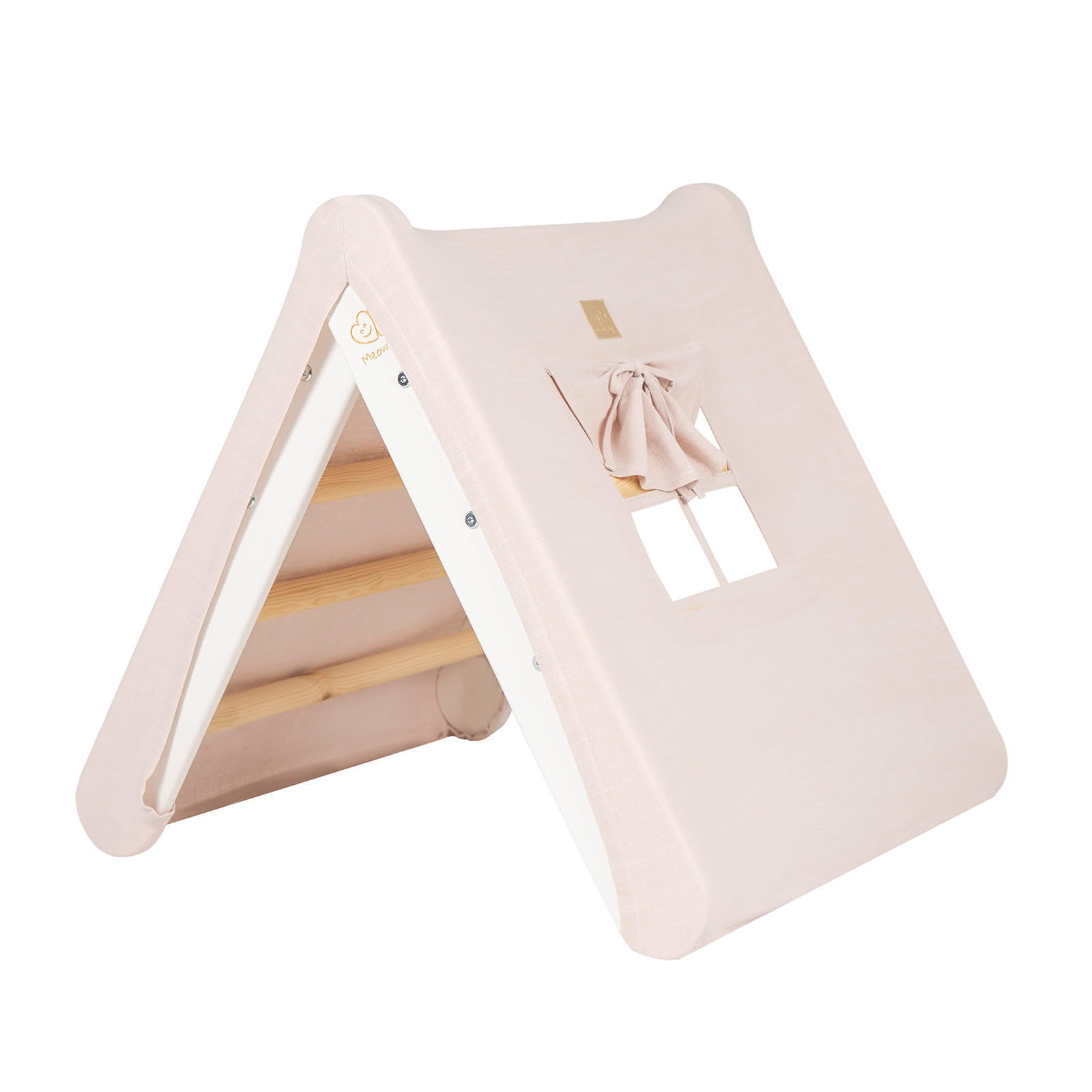 KLETTERDREIECK Haus für Kinder mit Rosa Dach, Zarter Stoff, Montessori, Weiß - Rosa/Weiß, Holz (59.5/59/60cm) - MeowBaby