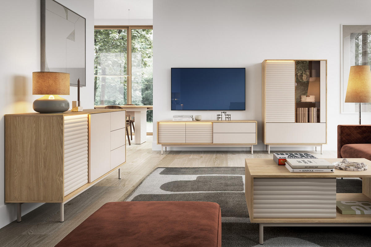 VITRINE TOGY 01 100 cm breit in Kaschmir / Geölter Eiche mit geriffelten Fronten - Kaschmir/Eichefarben, Holzwerkstoff (101/152/40cm) - Deine Möbel 24