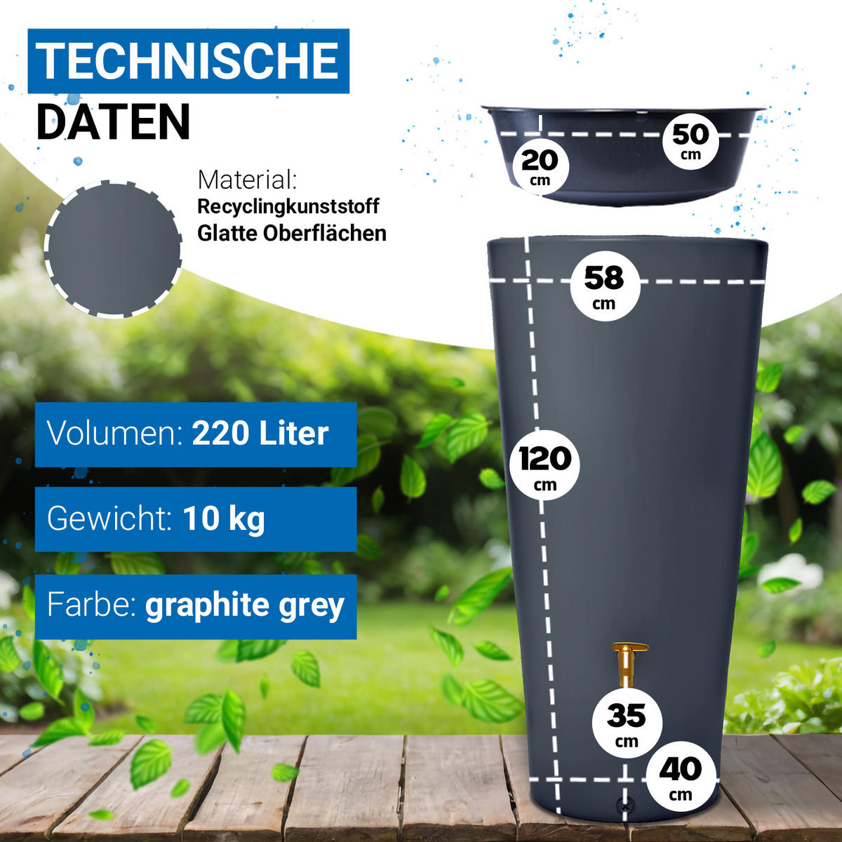 2IN1 Regentonne 220 L, graphite grey inkl. Pflanzschale - Grau, Kunststoff (58/120/58cm) - 4rain