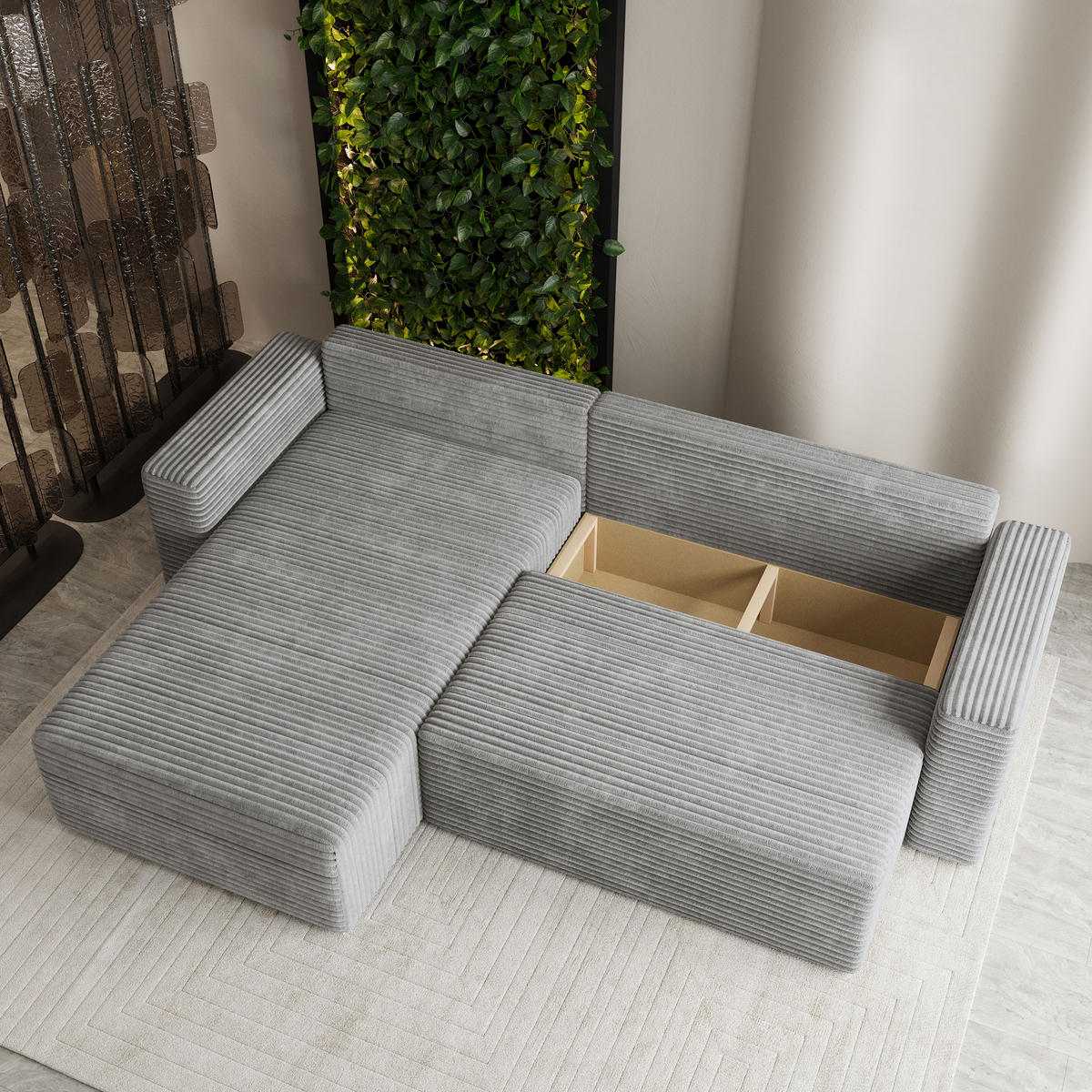 ECKSOFA CALTI T Hellgrau Kordstoff mit Schlaffunktion - Hellgrau, Holzwerkstoff/Textil (283/183cm) - MASSENO