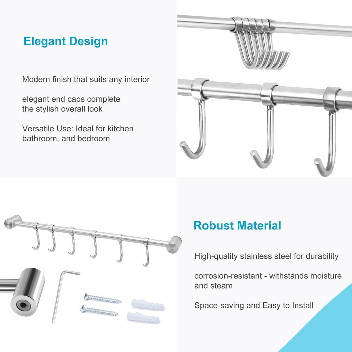 KÜCHEN HÄNGELEISTE mit 6 Haken - Silberfarben, Metall (3.4/2.2/38cm) - Intirilife