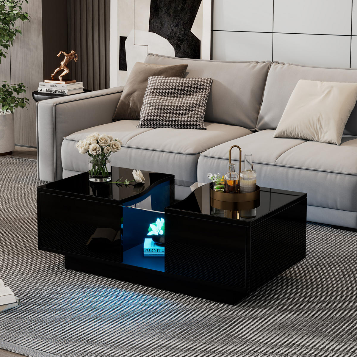 COUCHTISCH 100/50/35 cm mit LED-Beleuchtung, 2 Schubladen und Acrylplatte aus MDF, Schwarz - Schwarz, Holzwerkstoff (100/50/35cm) - Redom