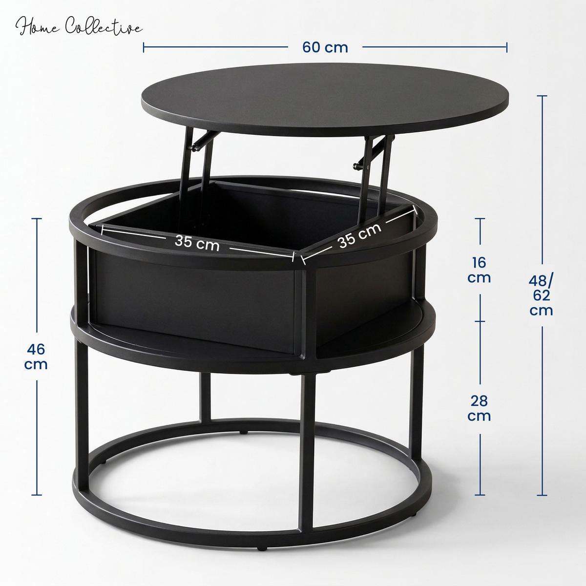 COUCHTISCH mit Klappdeckel in Schwarz - Schwarz, Metall (60/60/48cm) - Home Collective