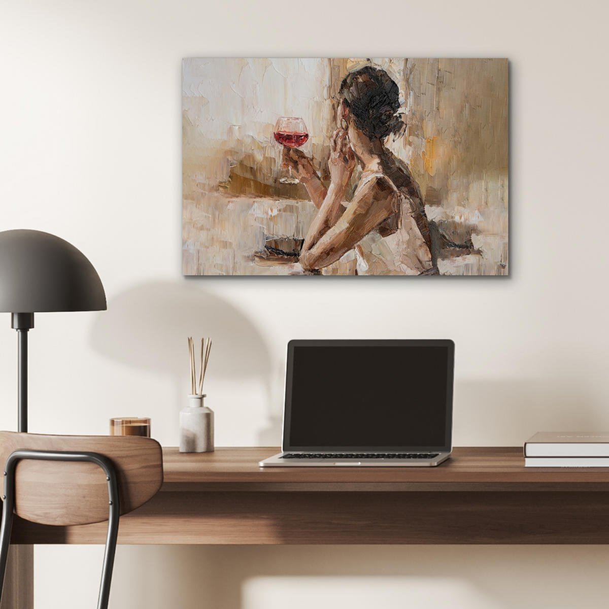 METALLBILD Ölgemälde - Frau - Wein 60x40 cm - Hellbraun, Metall (60/40cm) - MuchoWow