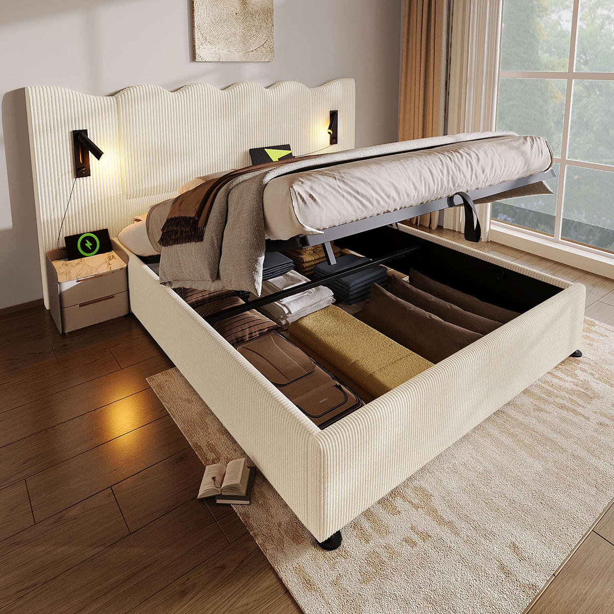 POLSTERBETT 180/200 cm mit Leselampe, USB- und Type-C-Anschluss, hydraulischem Bettkasten und Cordbezug, Beige-Weiß - Beige, Leder (180/200cm) - Redom