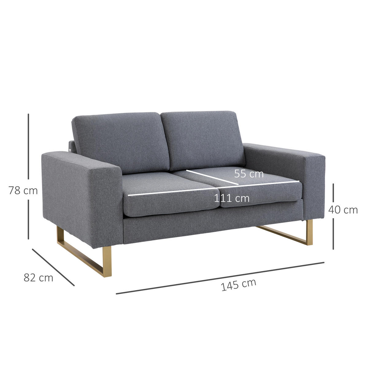 SOFA-2 Sitzer Couch Stoffsofa Eckcouch Sitzmöbel Polstersofa Loungesofa Armlehne - Dunkelgrau, Holz (82/78/145cm) - HOMCOM