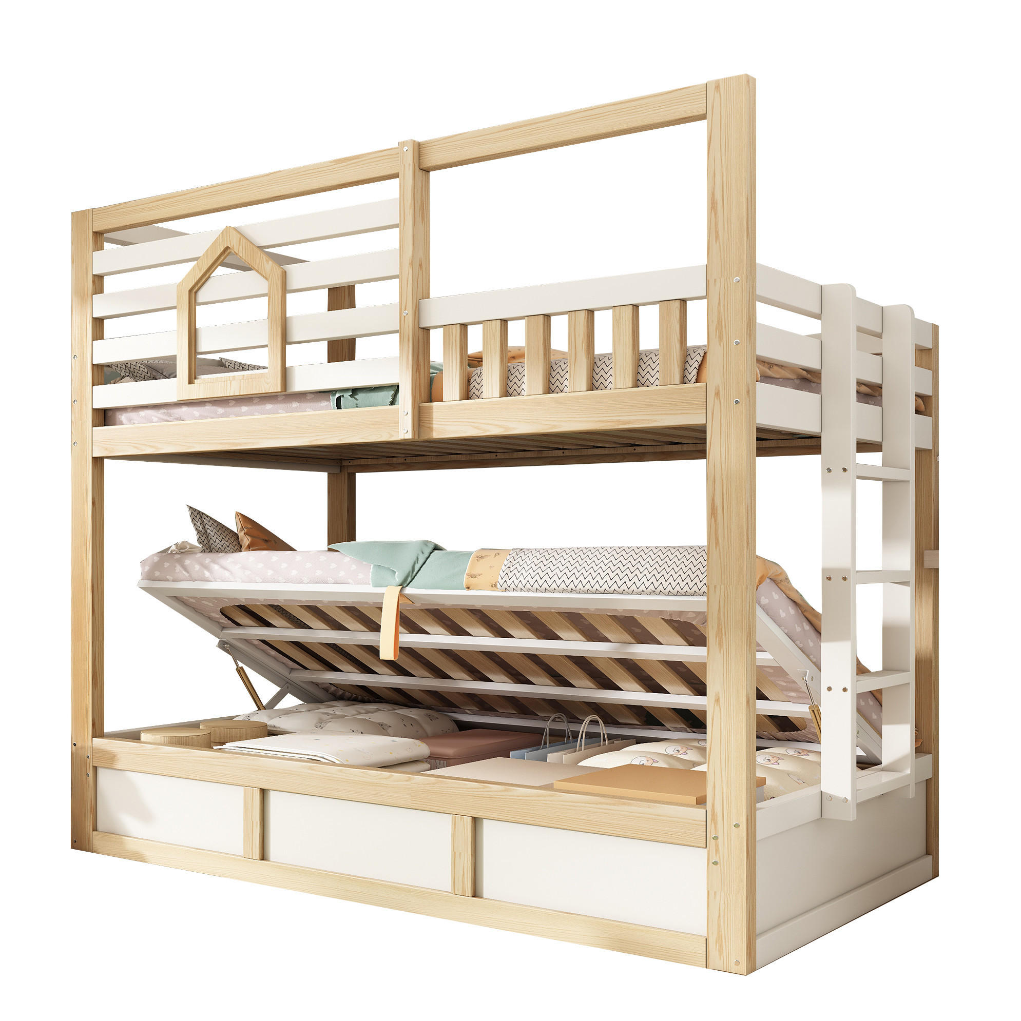 ETAGENBETT 90/200 cm weiß/eichefarben aus Holz mit Stauraum - Eichefarben, Holzwerkstoff (90/200cm) - OKWISH