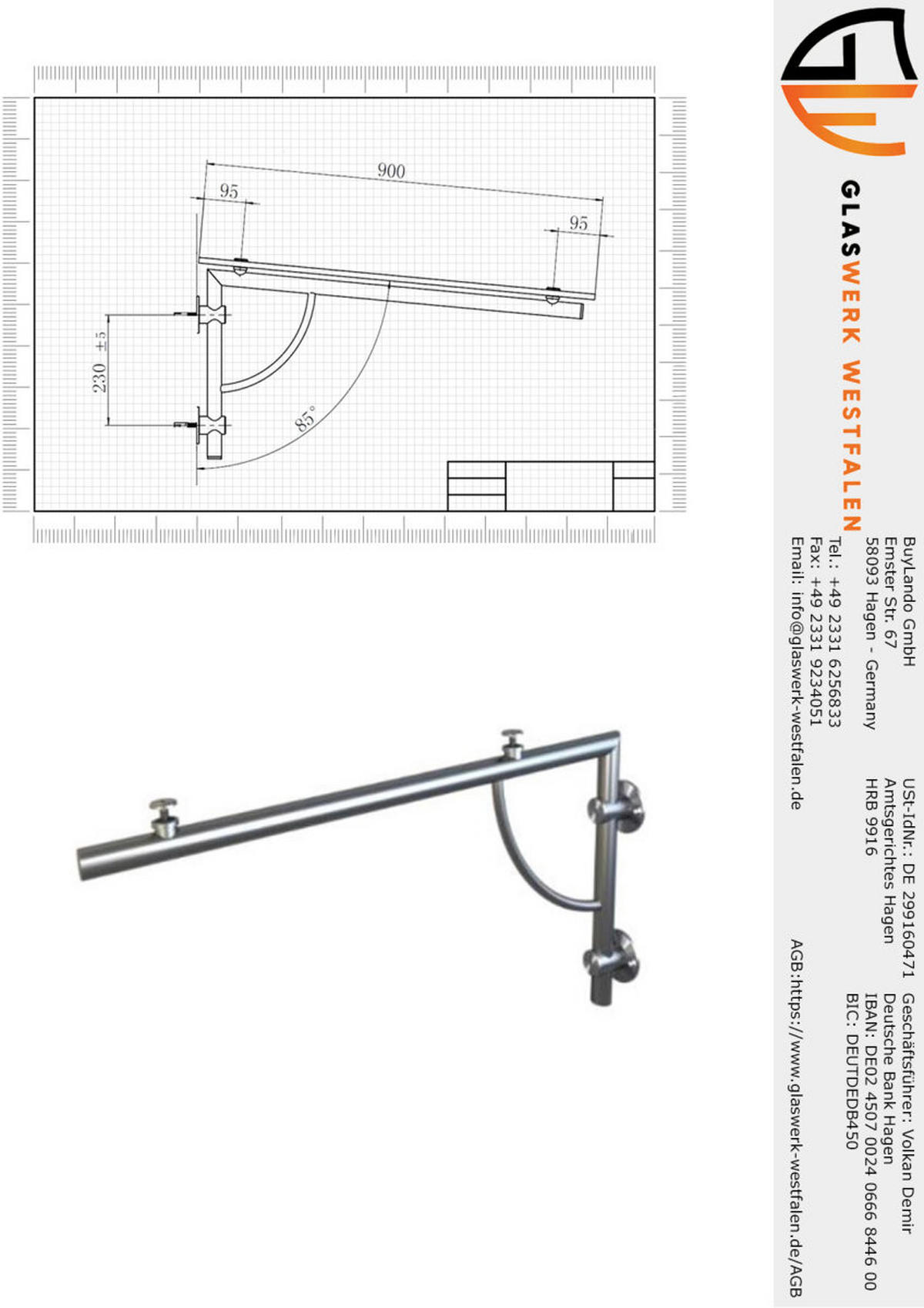VORDACHHALTER - SET LB Halter für Glasvordach - Edelstahl - Silberfarben, Metall (45/45/85cm) -  Glaswerk Westfalen