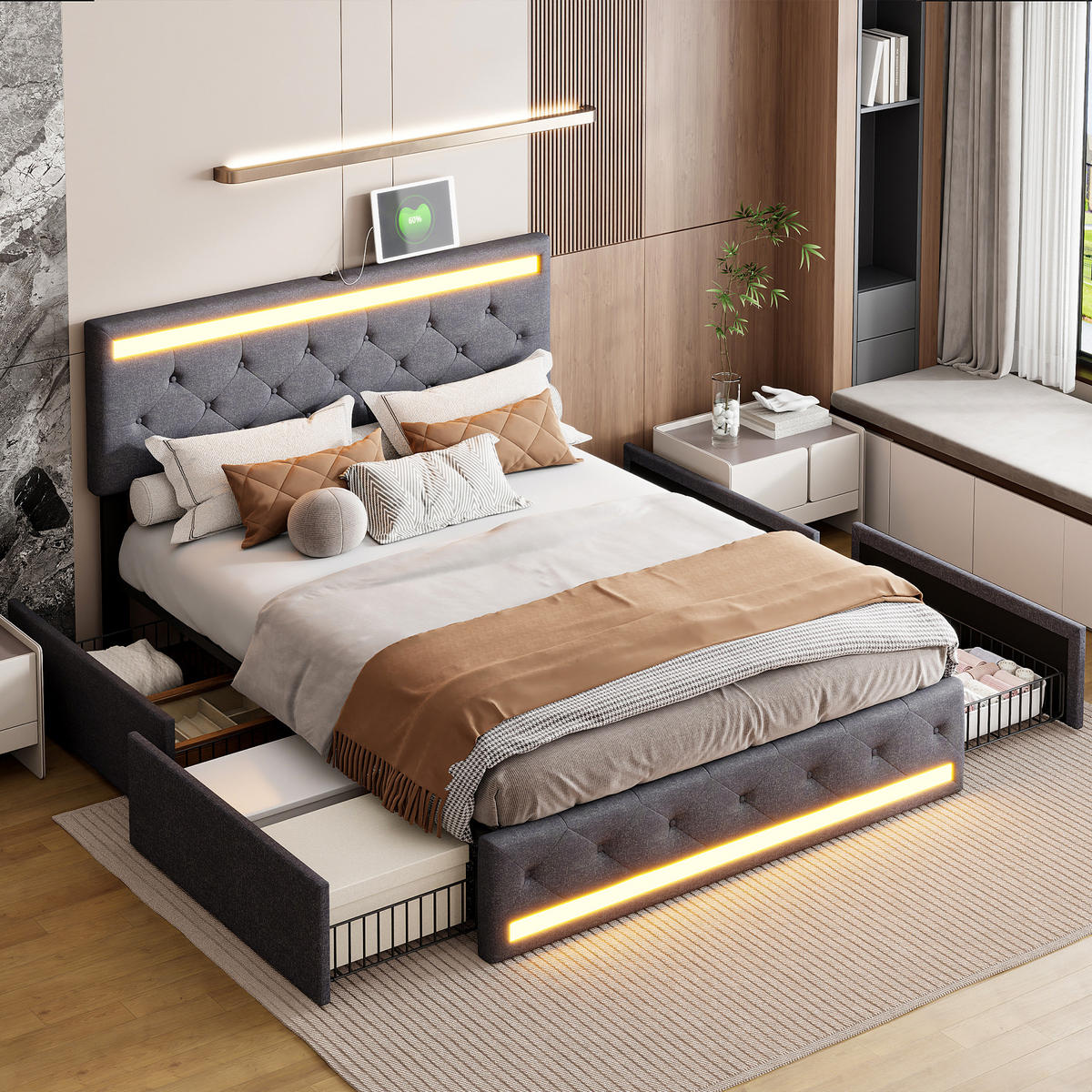 POLSTERBETT 140x200 mit Schubladen LED und Ladestation Bett aus Leinen - Grau, Holz (140/200cm) - PARAFTA HOME