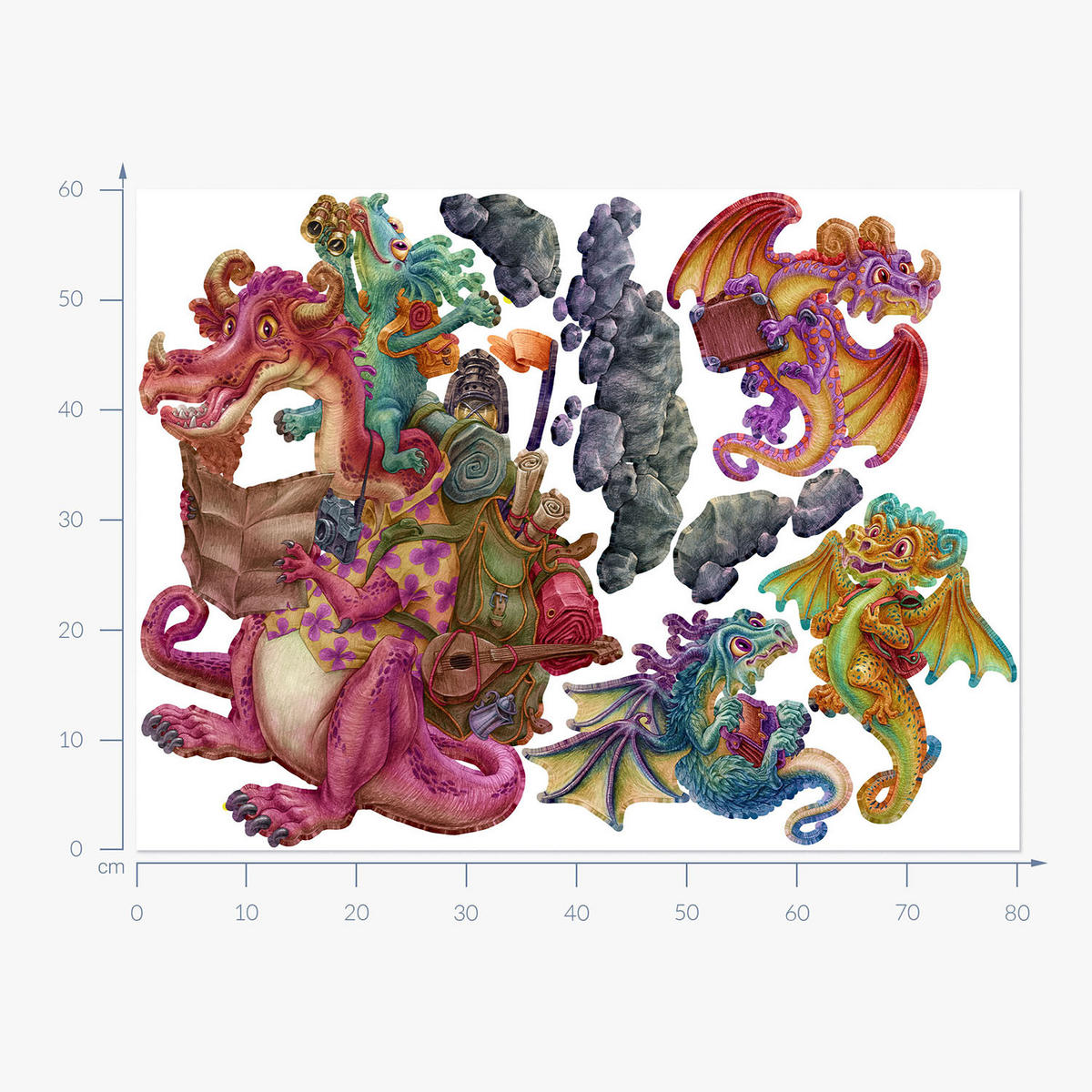 WANDAUFKLEBER 60x80cm - Drachen-Märchenfamilie - Multicolor, Kunststoff (60/80/0.1cm) - Wallfluent