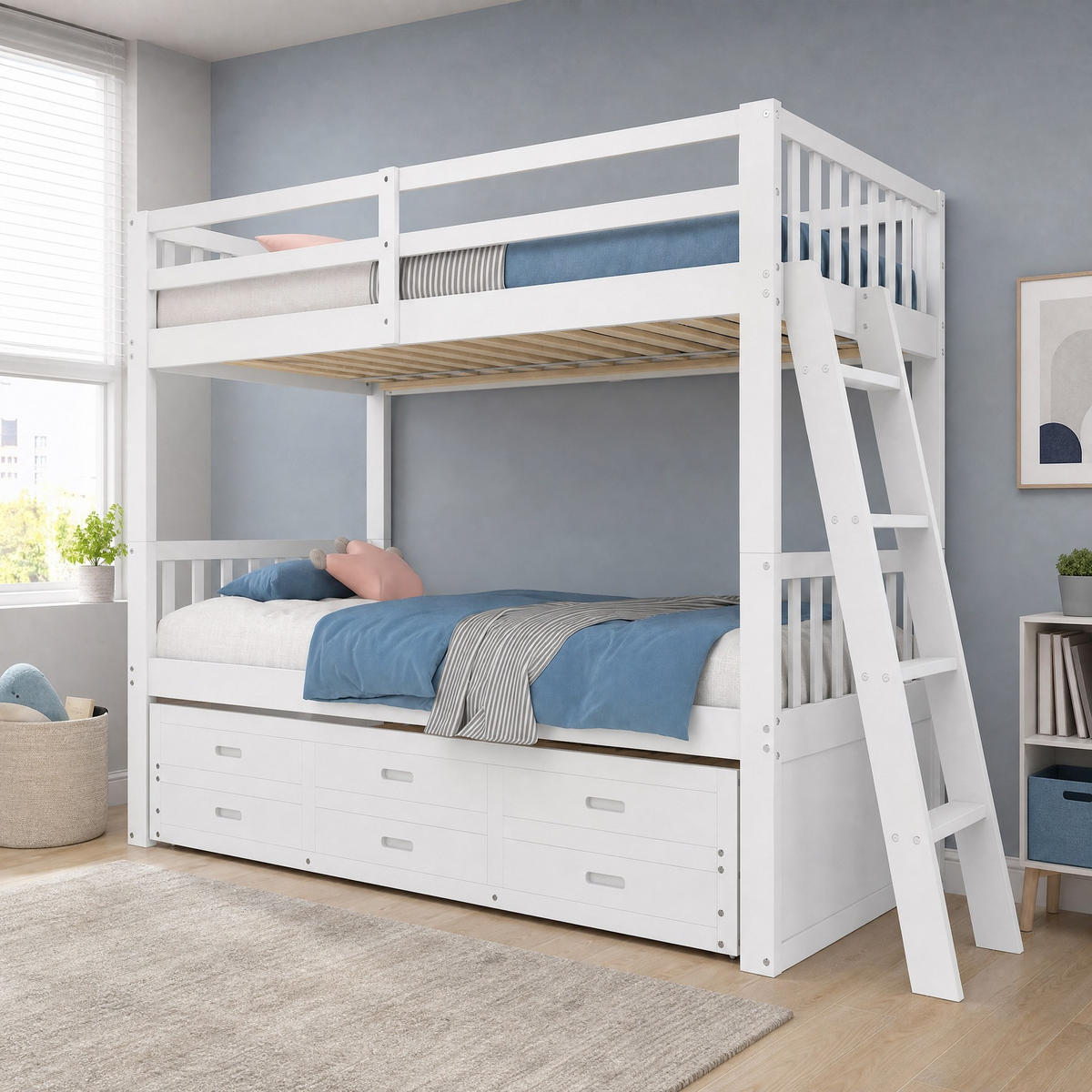 ETAGENBETT 90/200 mit Ausziehbett, Schubladen und Treppe in Weiß - Weiß, Holz (90/200cm) - EVRYAE