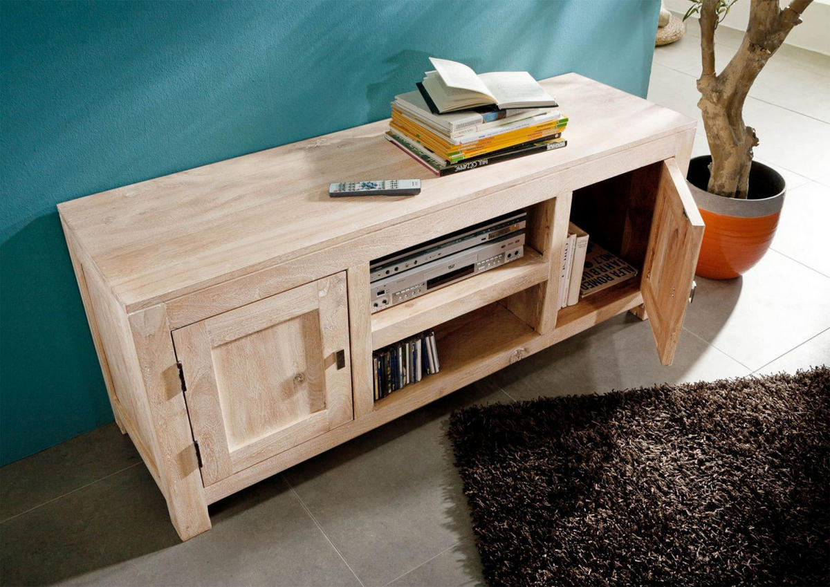 TV-BOARD Akazie 145x45x60 white stone getüncht NATURE WHITE #41 - Beige, Holz (45/60/145cm) - Massivmoebel24