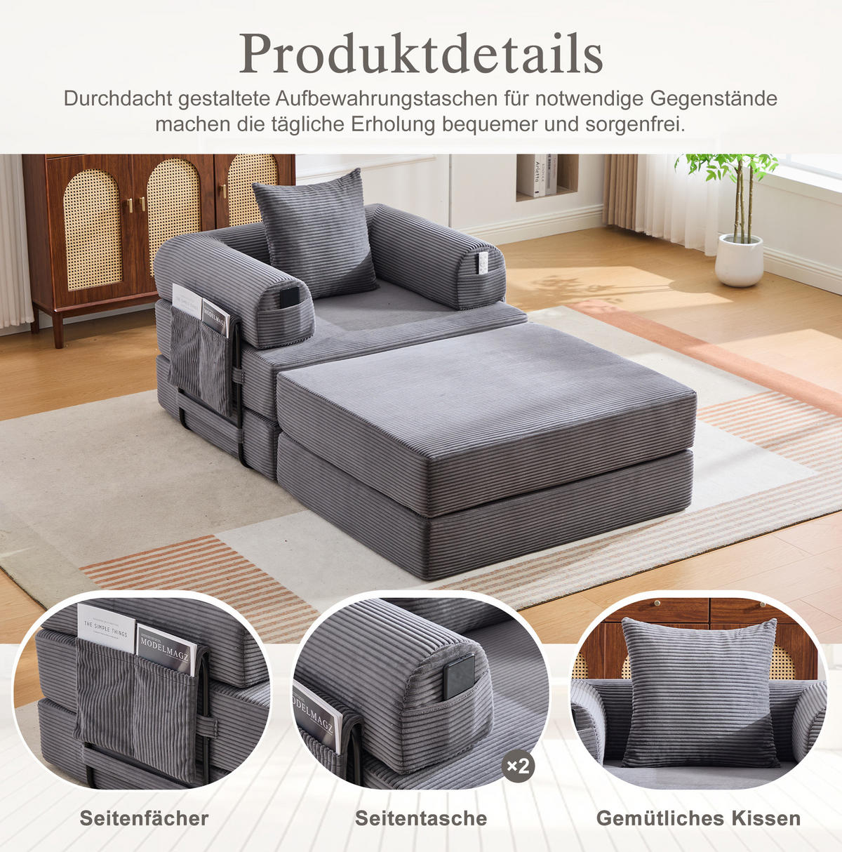 SESSEL mit Hocker 112/190/67 cm aus Cord, ergonomisch mit Seitentasche und Kissen, Dunkelgrau - Dunkelgrau, Textil (190/67/112cm) - Redom