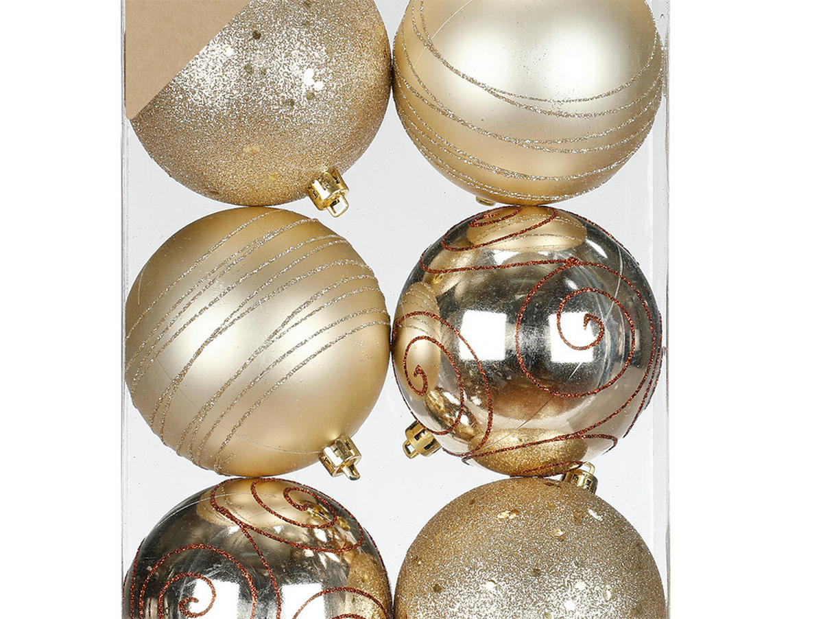 WEIHNACHTSORNAMENTE 6er-Set runde Ornamente mit Dekor Champagner Mix 8 cm - Champagner, Kunststoff (8/8/8cm) - LAALU