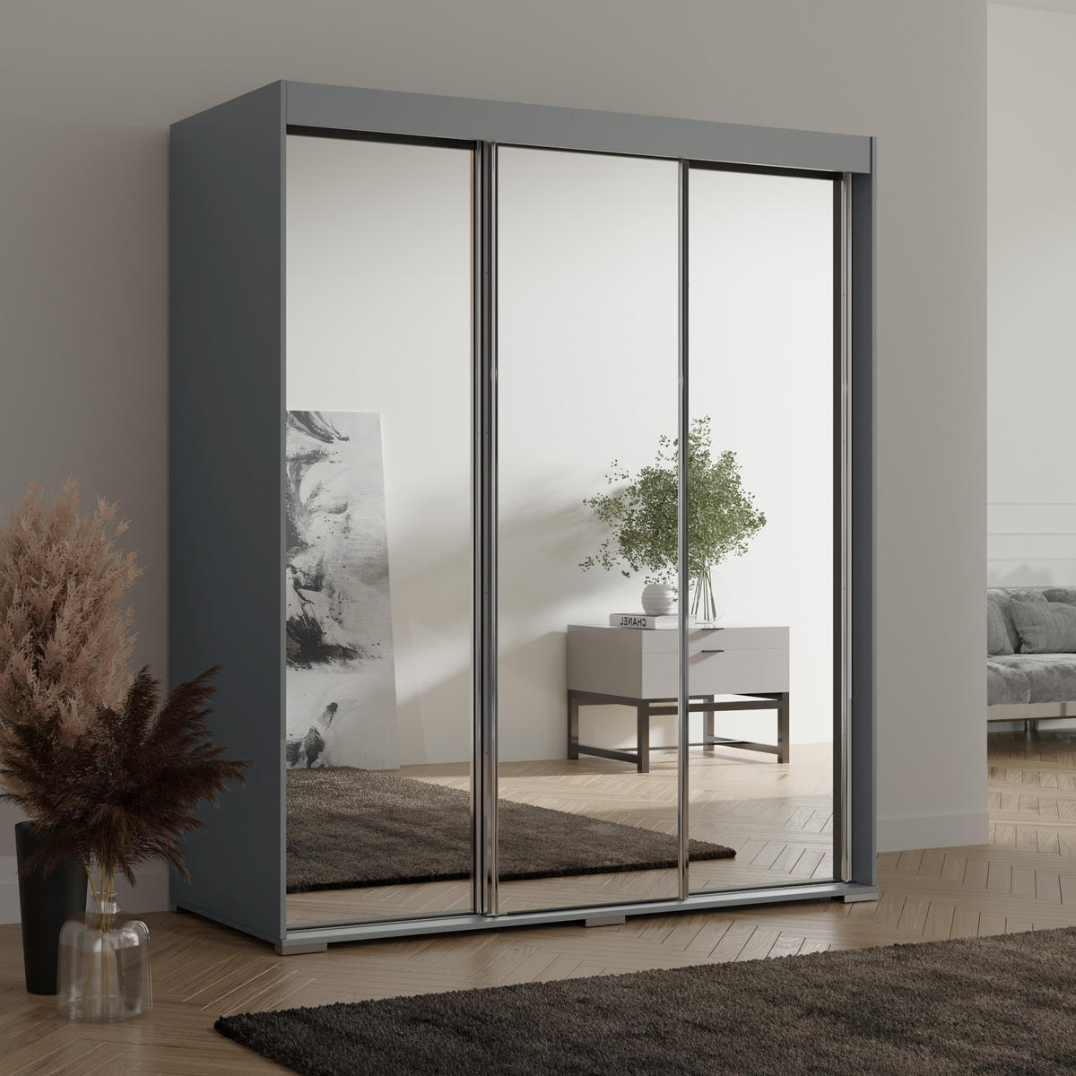 SCHIEBETÜRENSCHRANK mit Schubladen und Spiegel Como 3D3L 180 Grau - Silberfarben/Grau, Holzwerkstoff/Metall (180/208/67cm) - mzm24