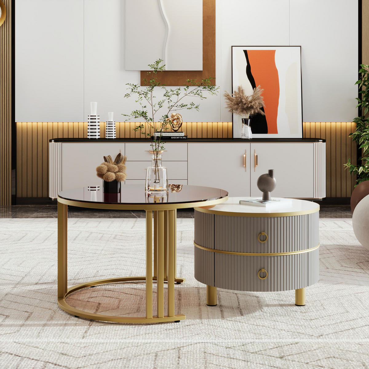 COUCHTISCH 2-in-1 Rund Hochglanz 2 Schubladen Grau Glasplatte - Grau, Holz (56/56/34.5cm) - FLIEKS