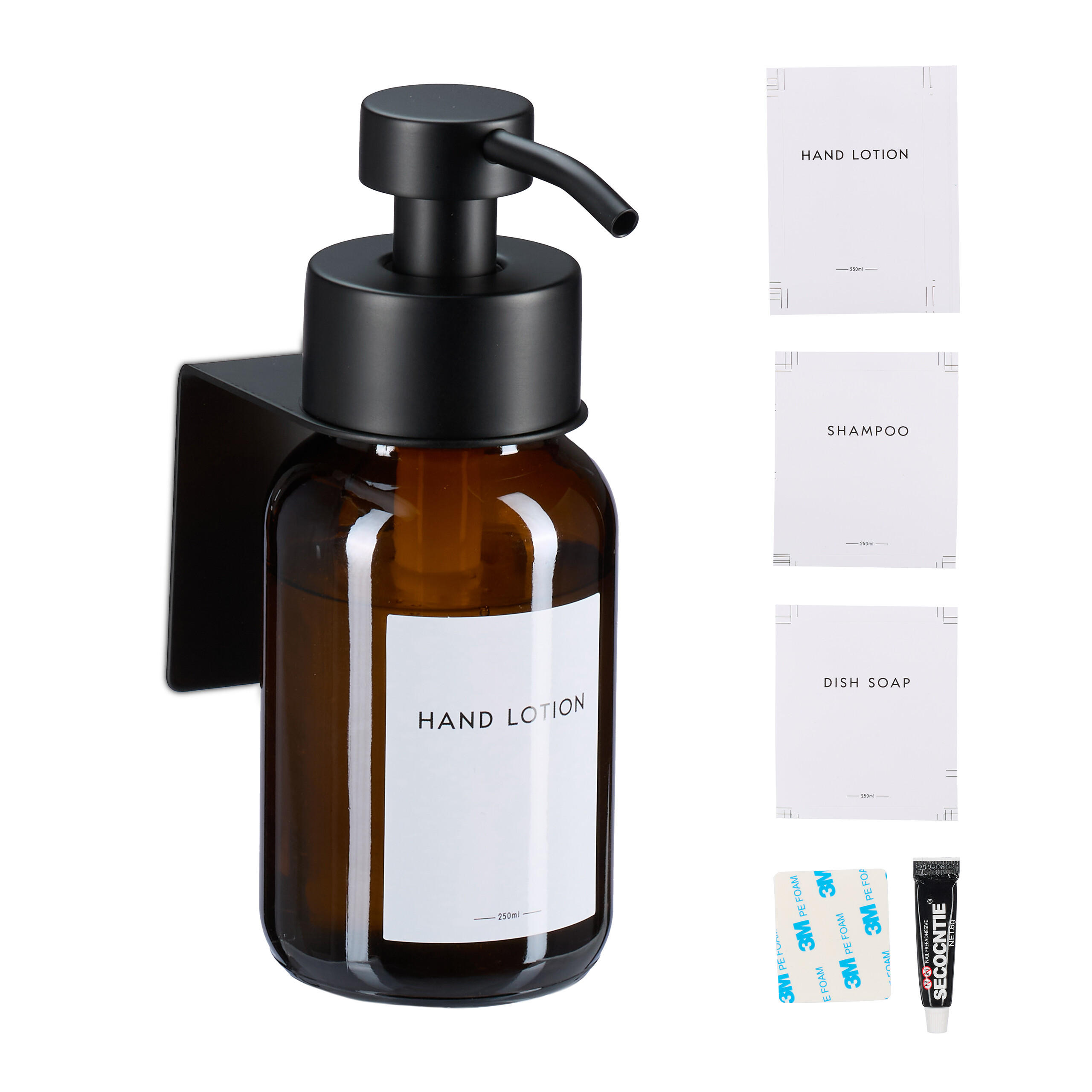 Relaxdays DÁVKOVAČ MÝDLA Černá hnědá nástěnný bez vrtání 250 ml