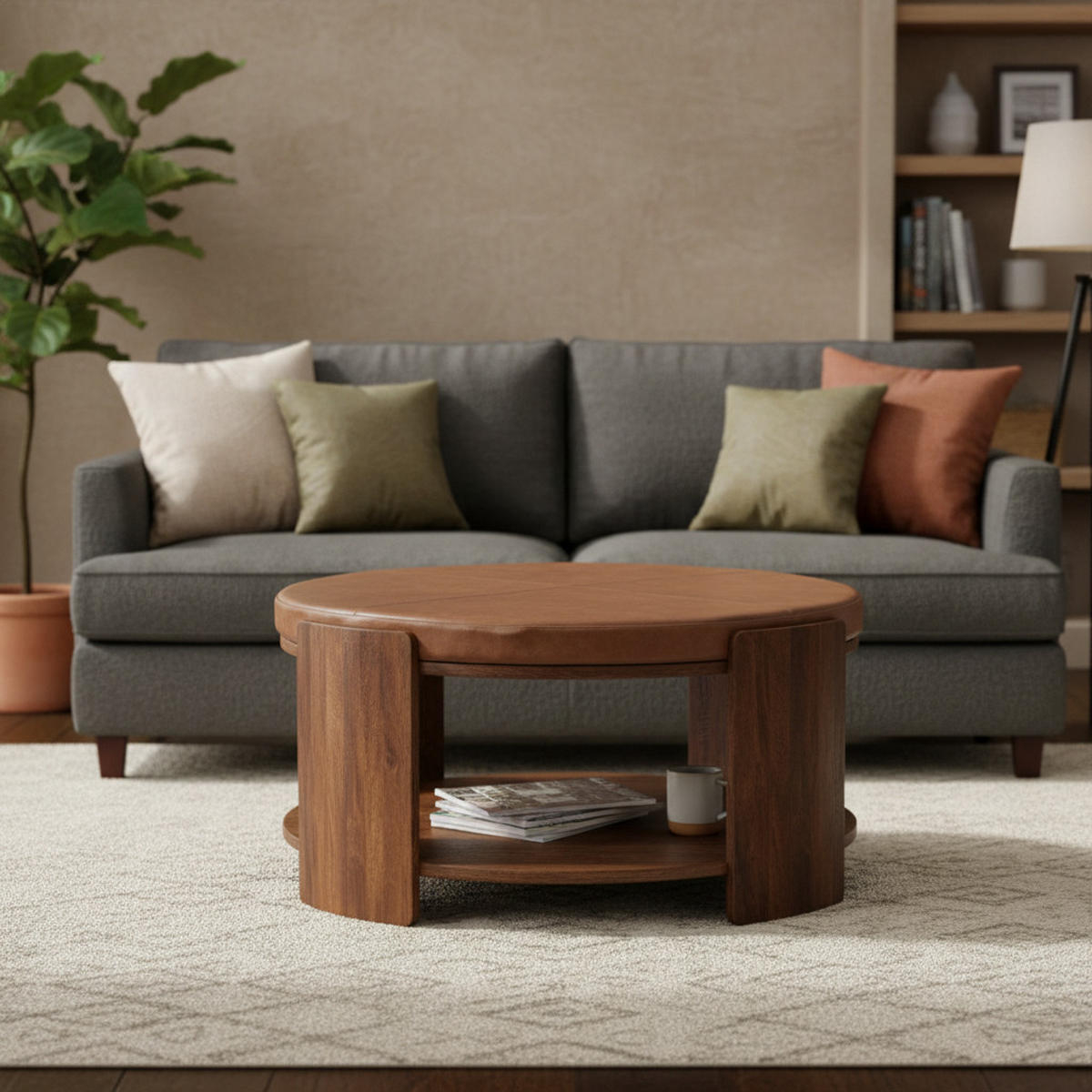 COUCHTISCH mit Roasted-Almond-Finish, Leder auf der Oberfläche, kaffeebraun - Braun, Leder/Holz (85/85/42cm) - Artisan Furniture