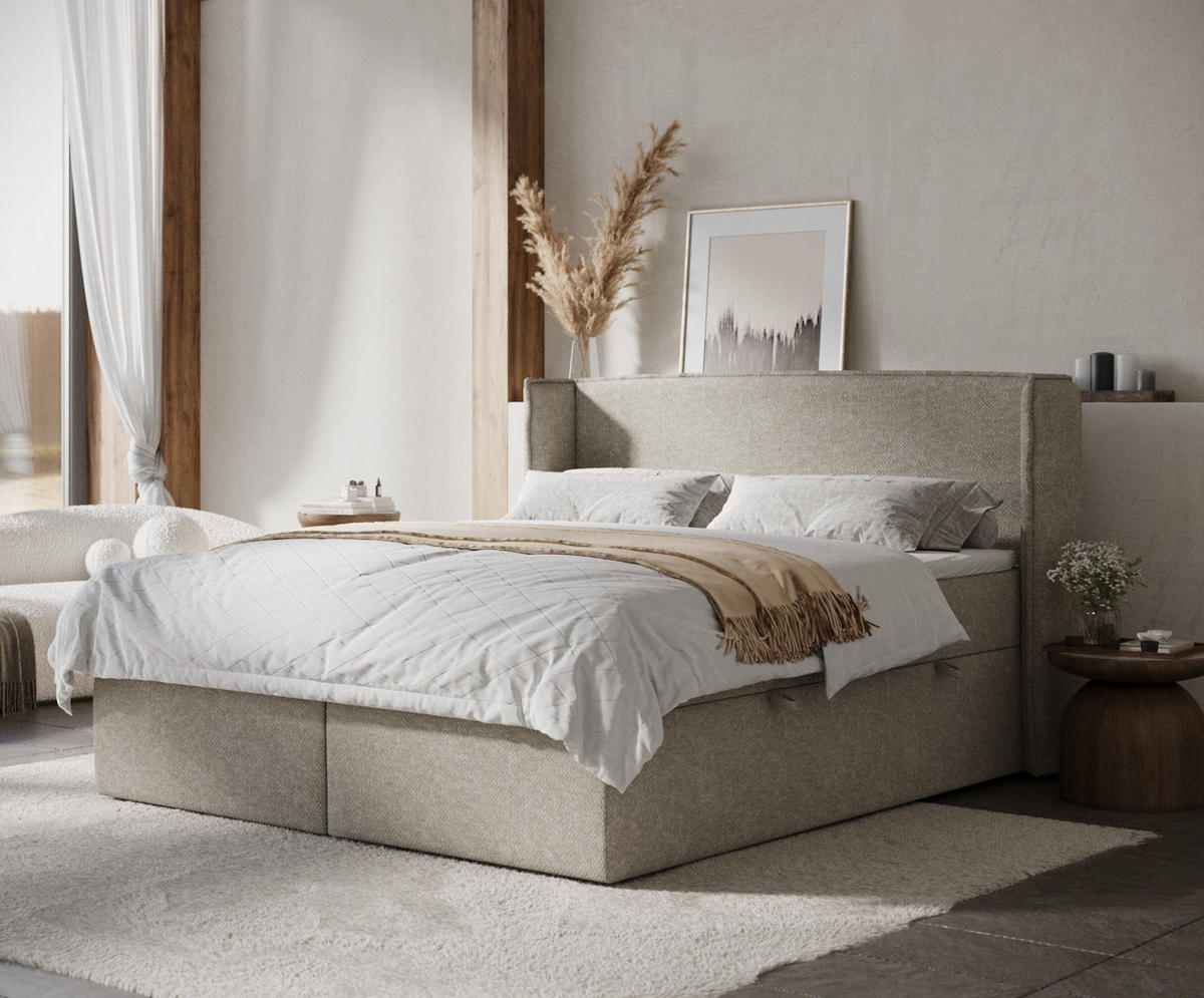 BOXBETT Skyline Beige Grau 140/200 cm mit Matratze und Topper - Beige/Schwarz, Holz/Holzwerkstoff (140/200cm) - Maison de Reve