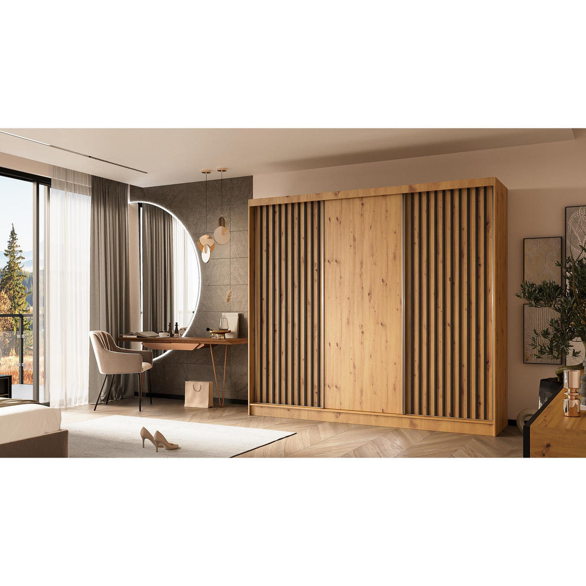 SCHWEBETÜRENSCHRANK Helios 240/216/61 eiche Artisan+schwarz mit Schubladen - Schwarz/Eiche Artisan, Holzwerkstoff (240/216/61cm) - Beautysofa