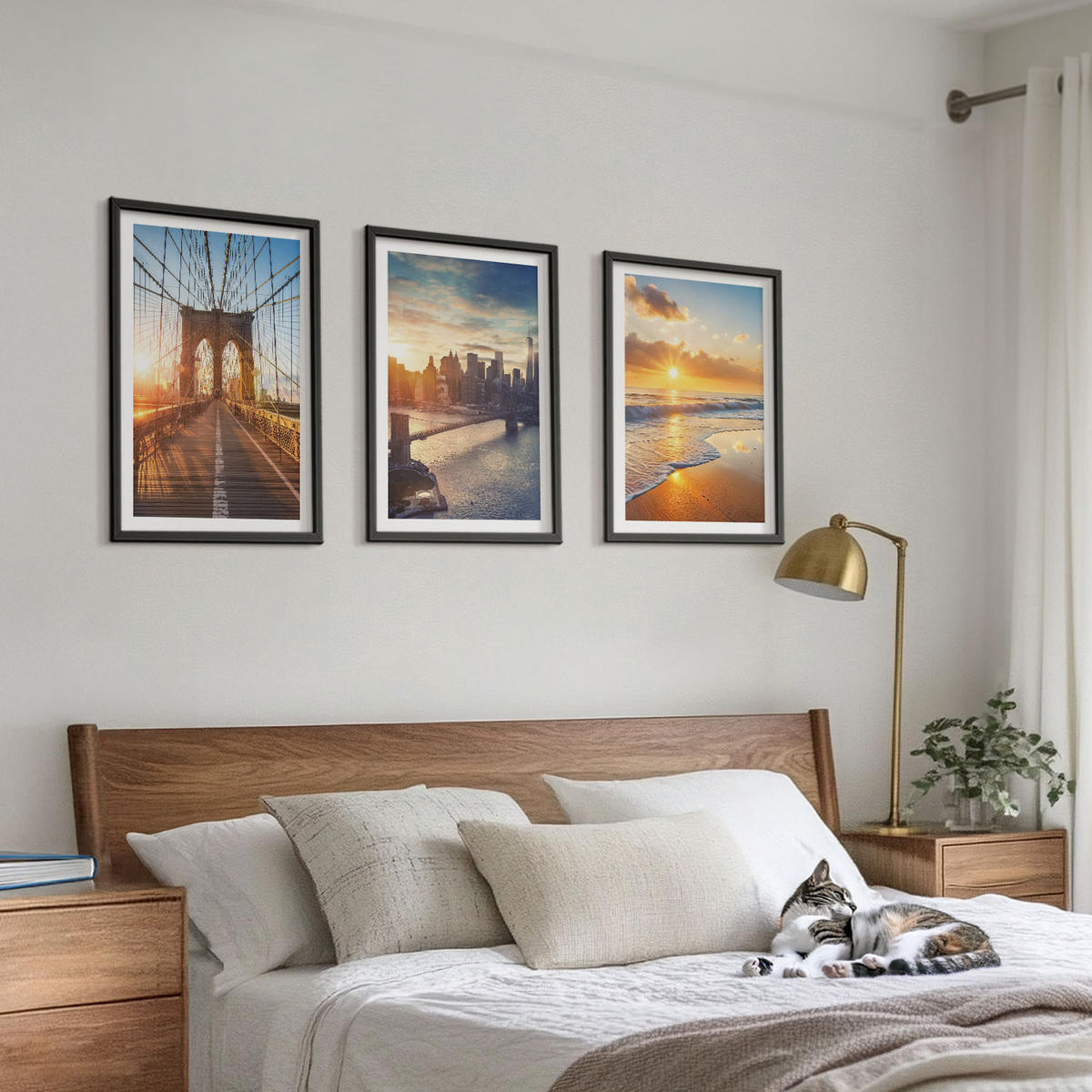 BILDER SET 3er Set - 40x60 cm Schwarzer Rahmen - Brücken, Sonnenuntergänge, Stadt - Schwarz, Kunststoff (40/60cm) - TULUP