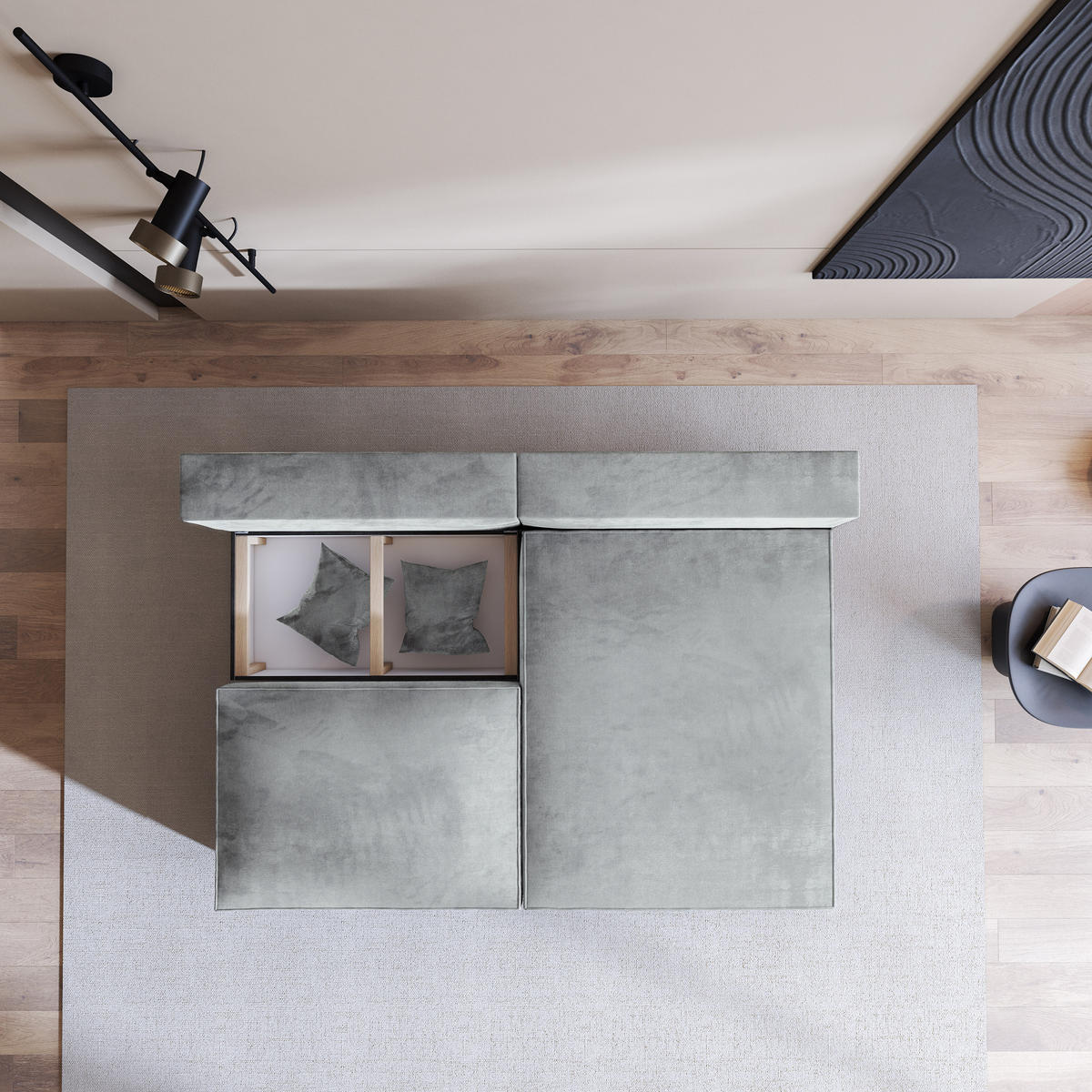ECKSOFA FIORO M Hellgrau Velours-Stoff mit Schlaffunktion - Hellgrau/Grau, Holz/Kunststoff (204/148cm) - MASSENO
