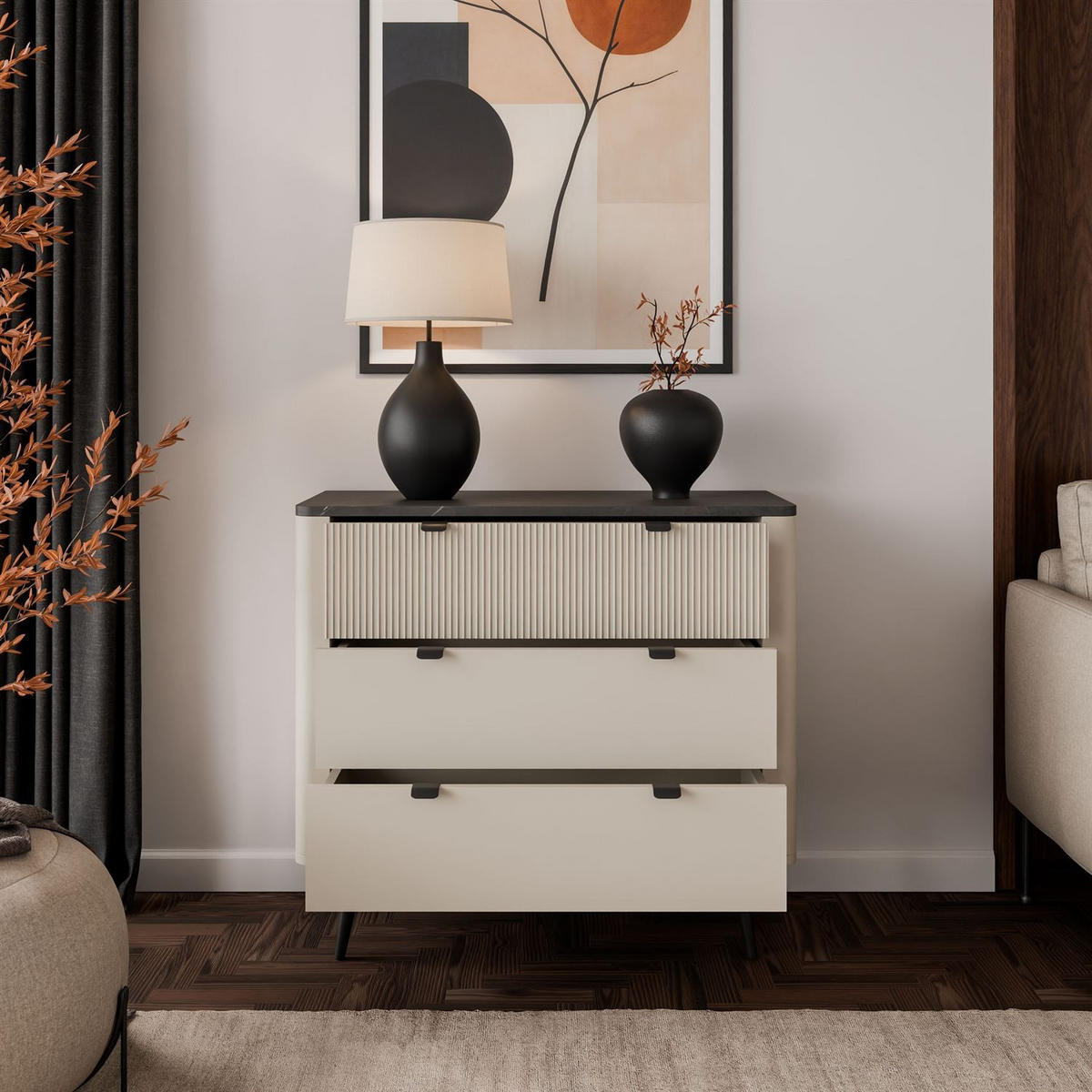 KOMMODE für das Wohnzimmer AUTUMN 3S auf hohen Beinen, Kaschmir / Grauer Stein - Beige, Holzwerkstoff (90/82/40cm) - Lookway