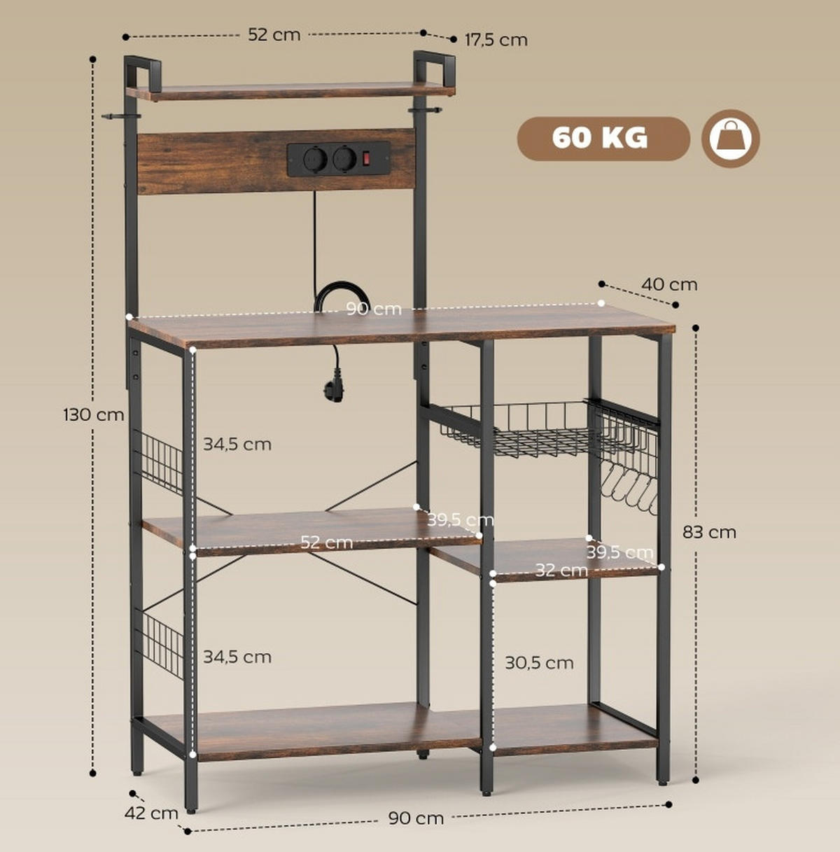 KÜCHENREGAL 90x42x130cm Braun mit verstellbarem Regal, Drahtkorb & Haken - Braun, Holz (90/130/42cm) - Modfu