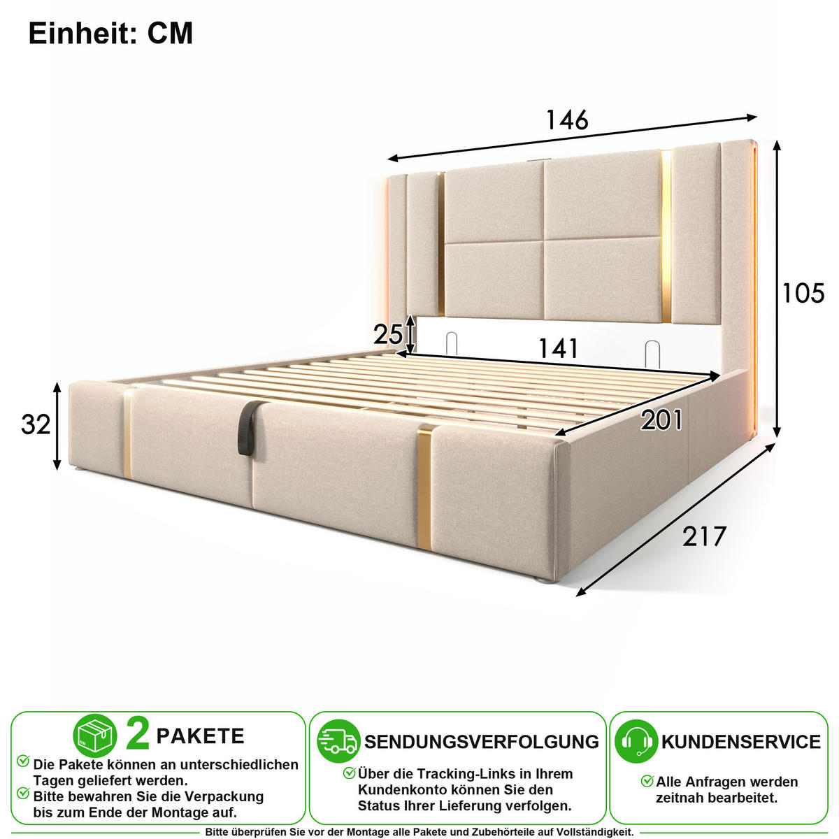 ČALOUNĚNÁ POSTEL 140/200 cm v béžové barvě s úložným prostorem, LED osvětlením, USB a Type-C - béžová, kov/kompozitní dřevo (140/200cm) - CHICFURN