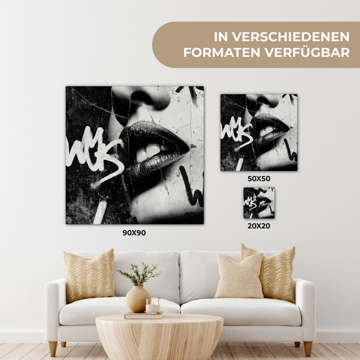 LEINWANDBILD Gesicht - Mund - Graffiti - Schwarz Deko Wohnzimmer 20x20 cm - Schwarz, Textil (20/20cm) - MuchoWow
