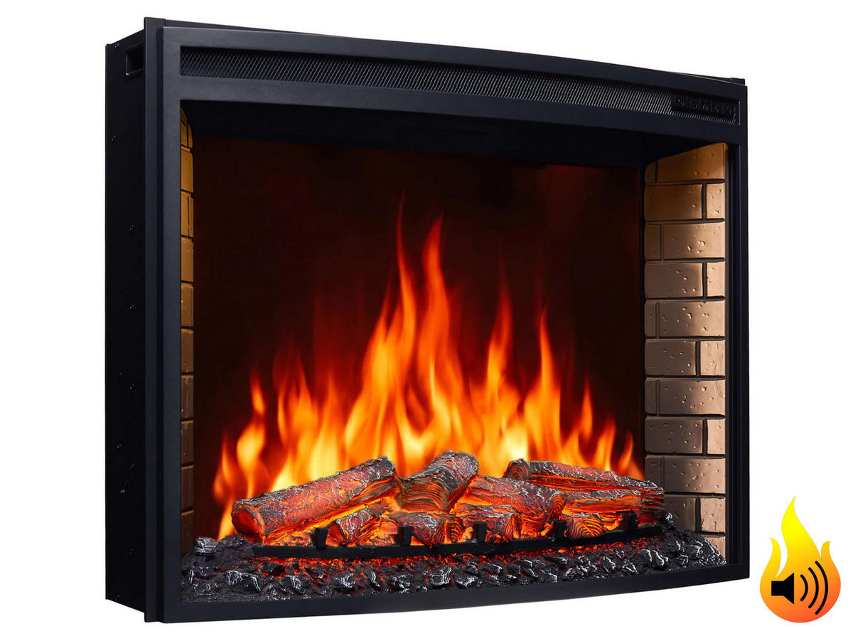 EINBAU-ELEKTROKAMINEINSATZ AF33 – gebogene Scheibe, Breite ≈ 85 cm, 3D-Flammeneffekt, LED-Bleuchtung, Heizfunktion - Schwarz, Glas/Metall (86.6/67.6/86.6cm) - ArtiFlame