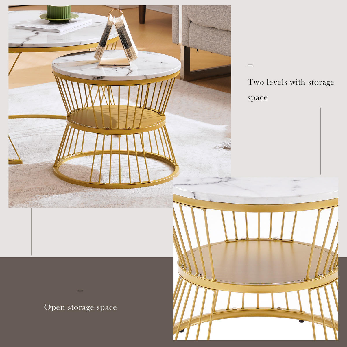 COUCHTISCH Weiß 2er-Set mit Marmoroptik und goldfarbenem Gestell - Weiß, Holzwerkstoff (70/70/45cm) - PANGIVO