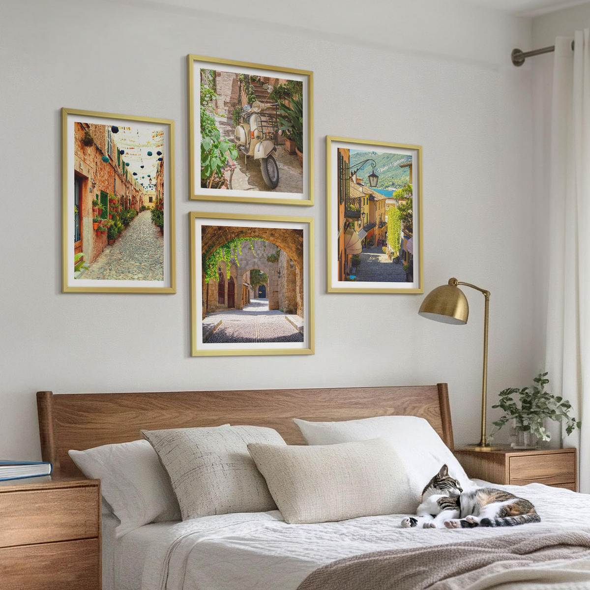 WANDBILDER 4er Set - 50x50 cm & 40x60 cm Goldrahmen - Charmante Straßen und Pizza - Goldfarben, Kunststoff (50/50cm) - ArtPrintCave